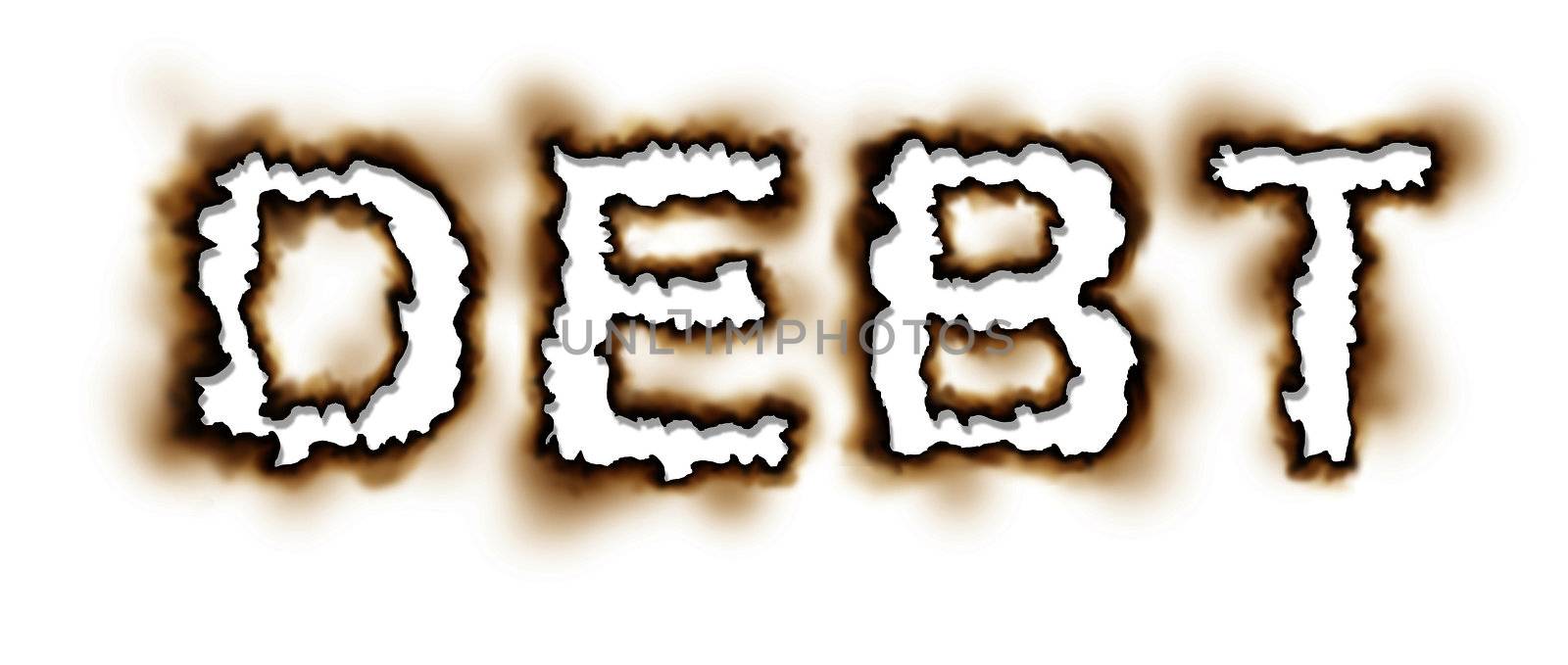 Burning Debt Problems and financial crisis concept with the word burnt as a hole in the paper as an icon of finance despair and credit stree on a white background.