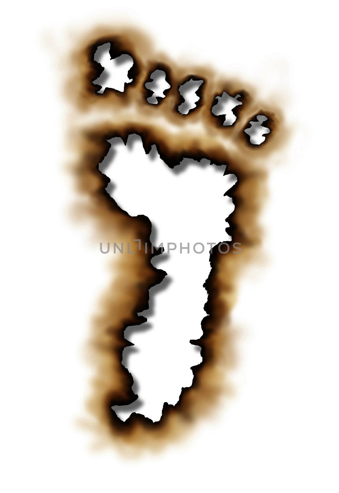 Carbon footprint or conservation symbol with  damaged burnt paper edges in the shape of a foot print as an icon of global warming with nature and the environment stopping pollution due to burning on a white background.