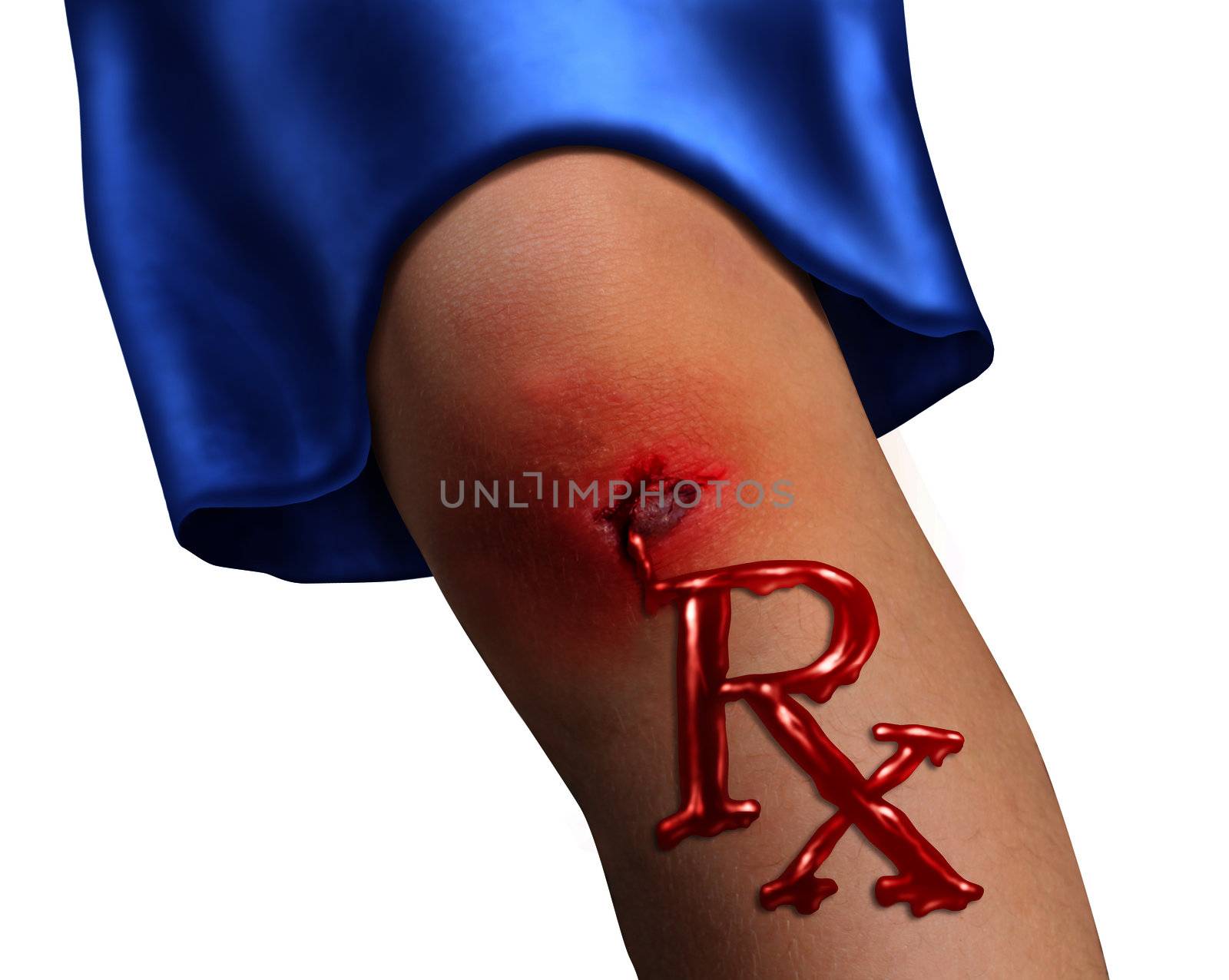 Child Health Care and pediatric medicine medical concept with a human child knee as a physical bleeding injury in the shape of RX pharmacy symbol as an icon of  family hospital services on white.