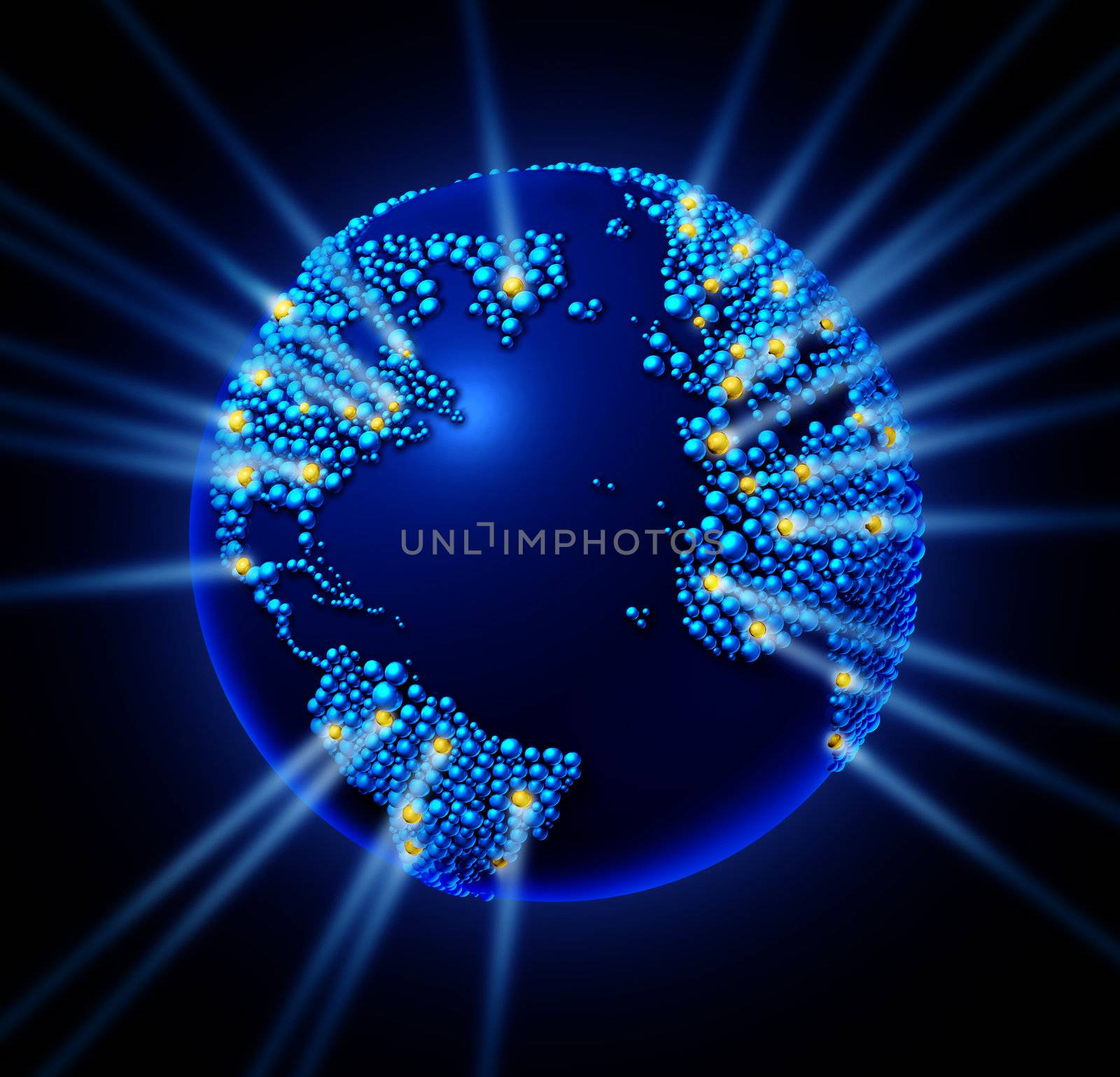 Global network world with the international map in the shape of small spheres with glowing laser lights as a technology icon and communication connections on a black background.