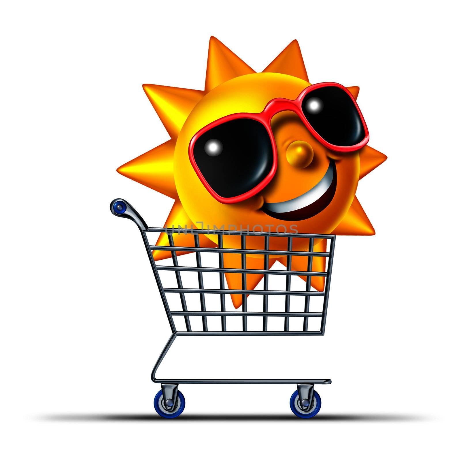 Vacation business tourism concept with a shopping cart and a fun summer sun character with sunglasses traveling to a hot destination for relaxation and leisure rest as a symbol of internet travel booking.