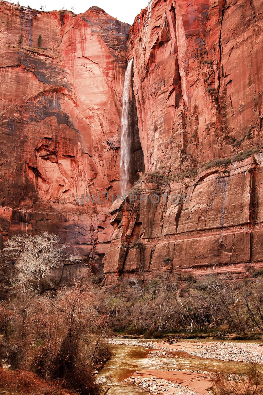 Temple of Sinawava Waterfall Red Rock Wall Virgin River Zion Canyon National Park Utah Southwest