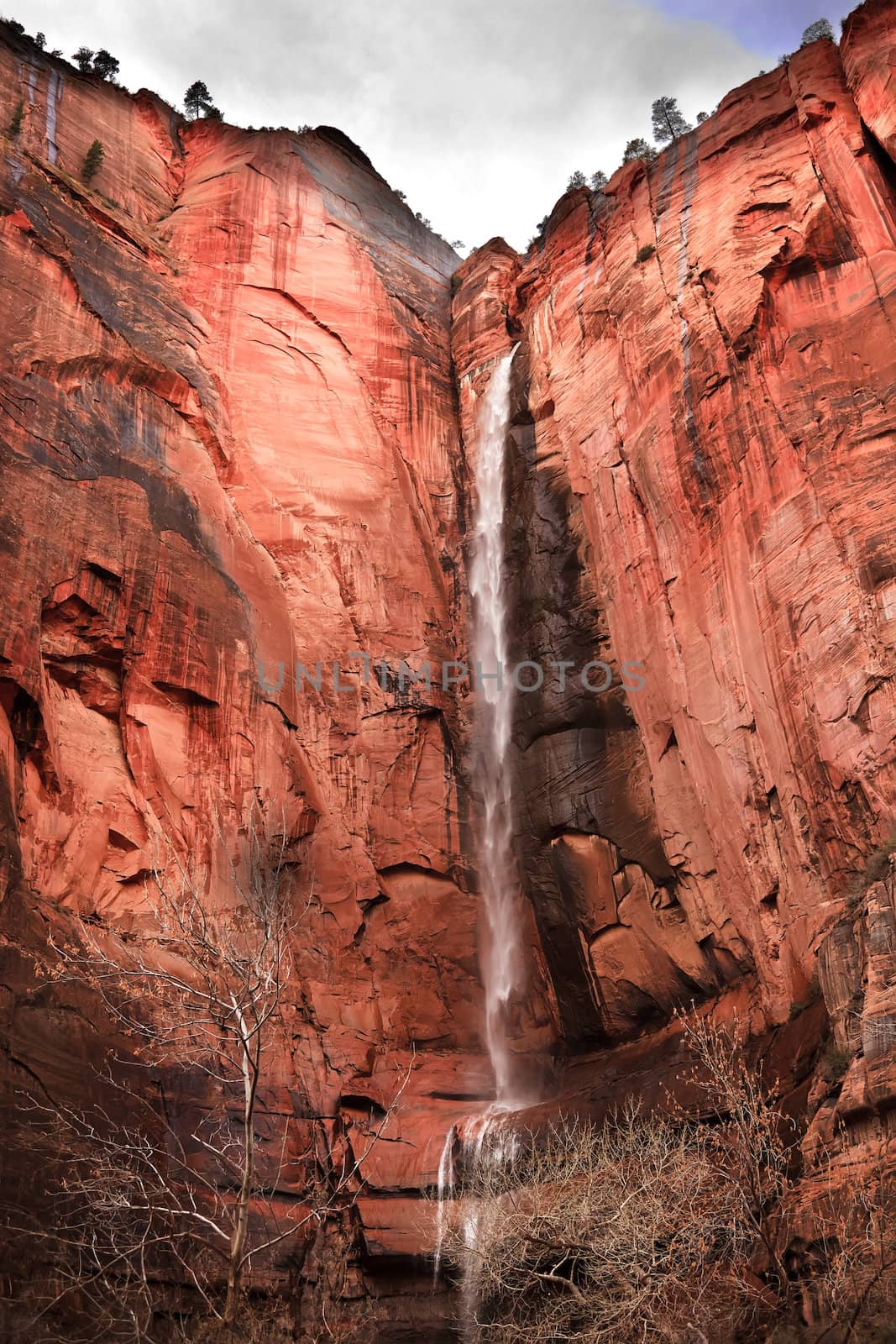 Temple of Sinawava Waterfall Red Rock Wall Zion Canyon National Park Utah Southwest