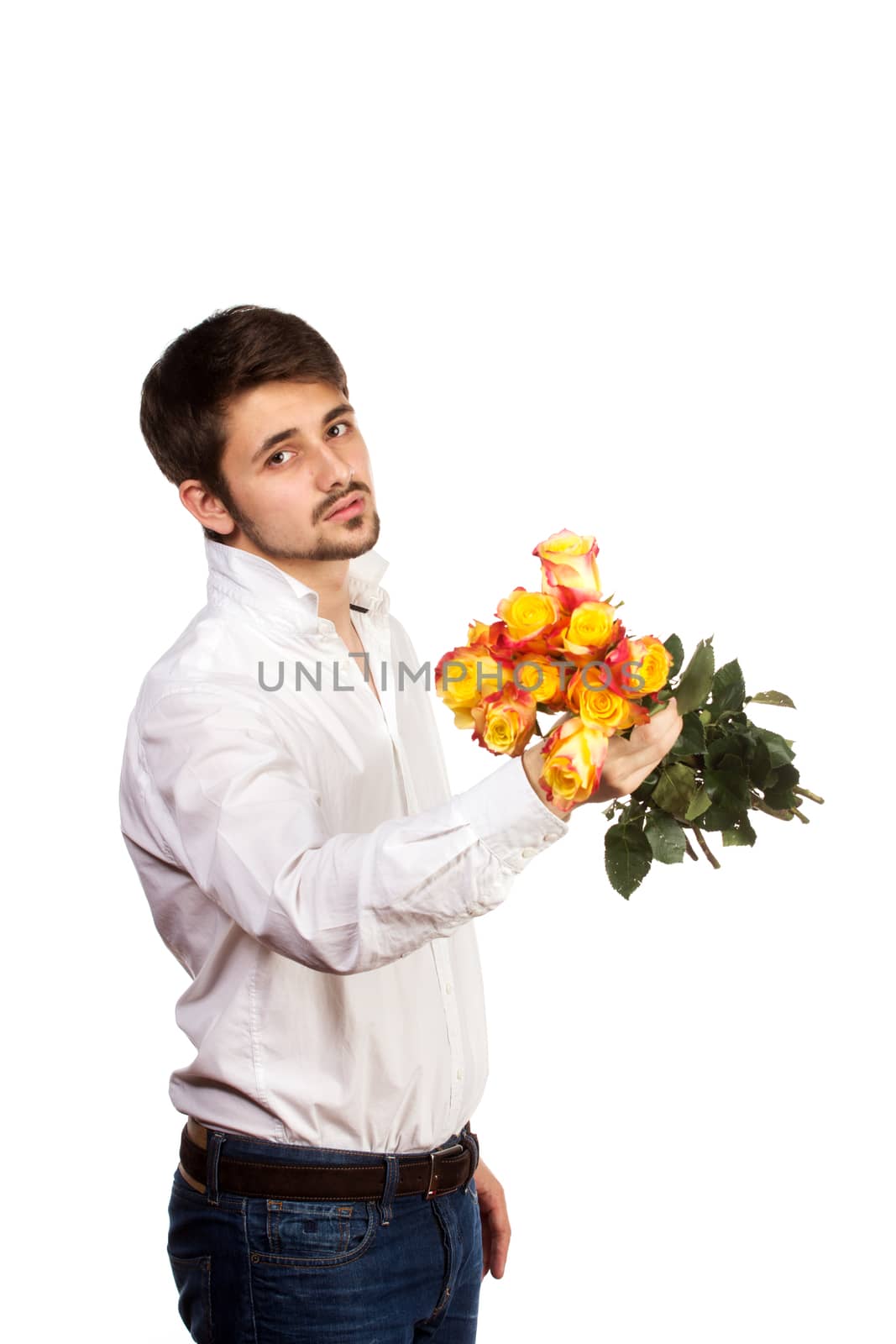 man with bouquet of red roses. Isolated on white.