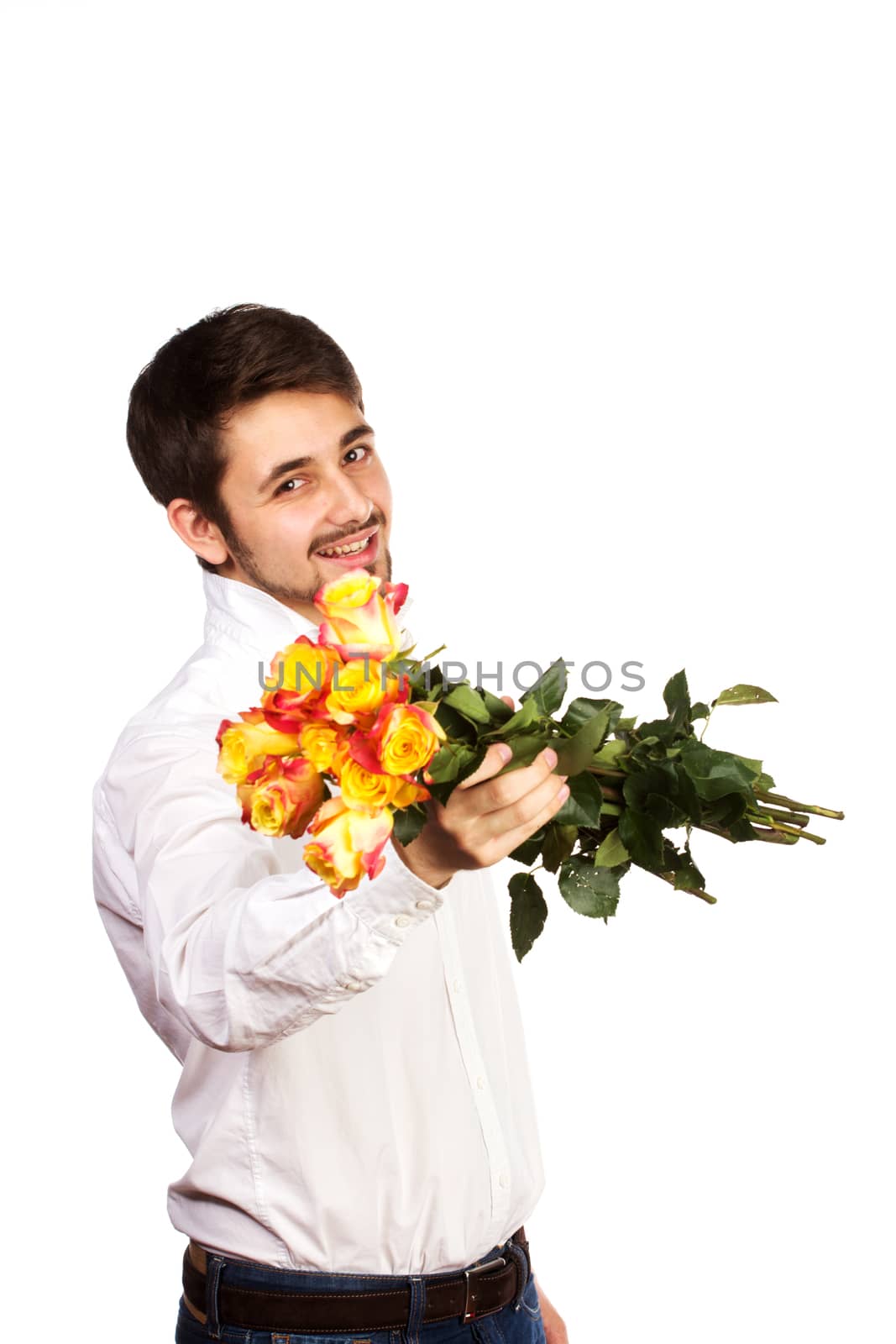 man with bouquet of red roses. Isolated on white.