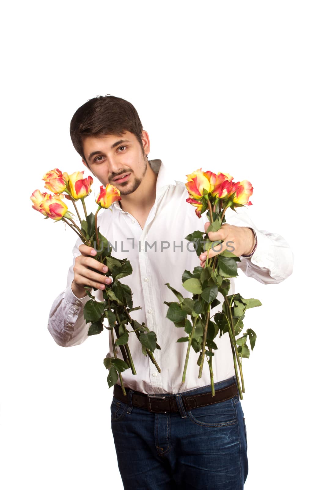 man with bouquet of red roses. Isolated on white.