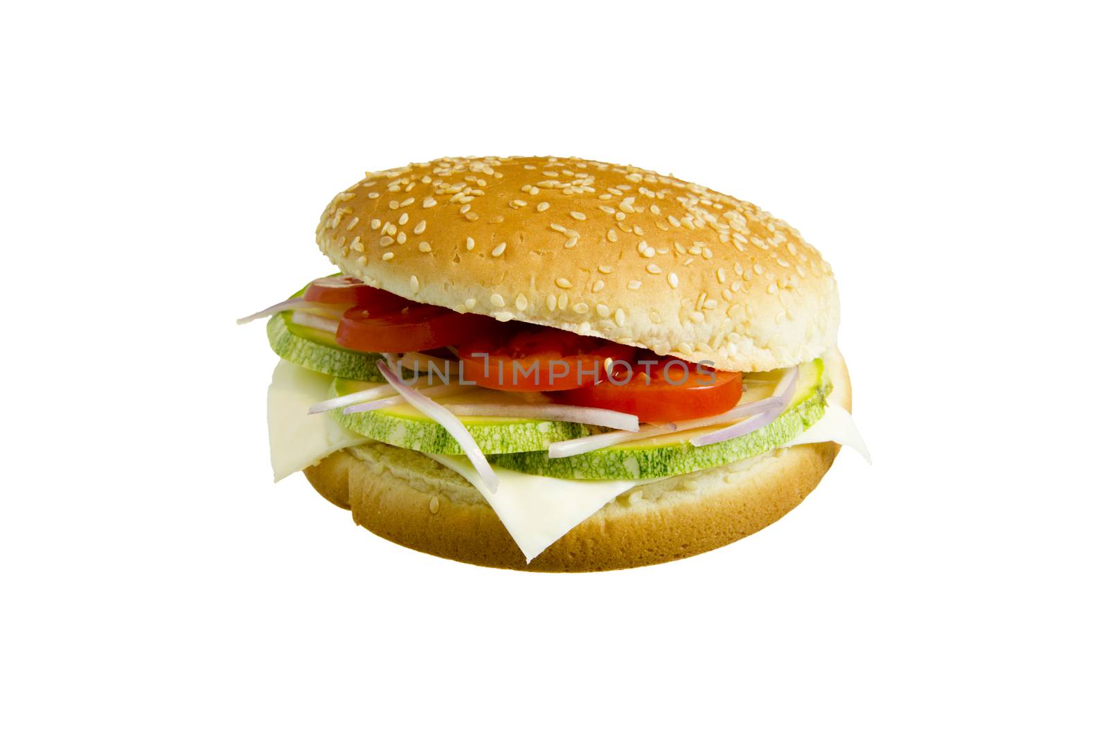 Veggie burger made with zucchini, tomatoes, onion and cheese isolated on white background