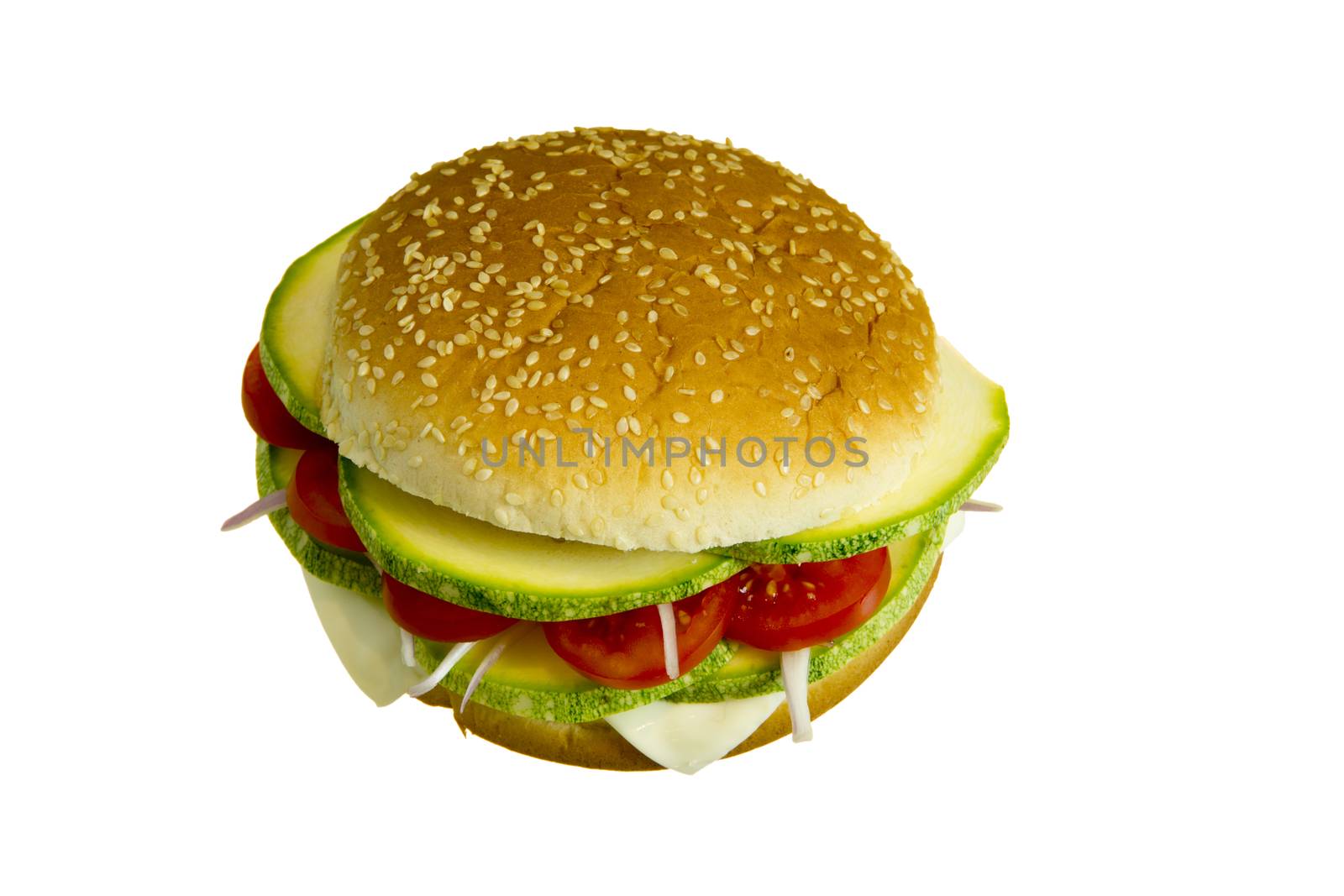 Veggie burger made with zucchini, tomatoes, onion and cheese isolated on white background