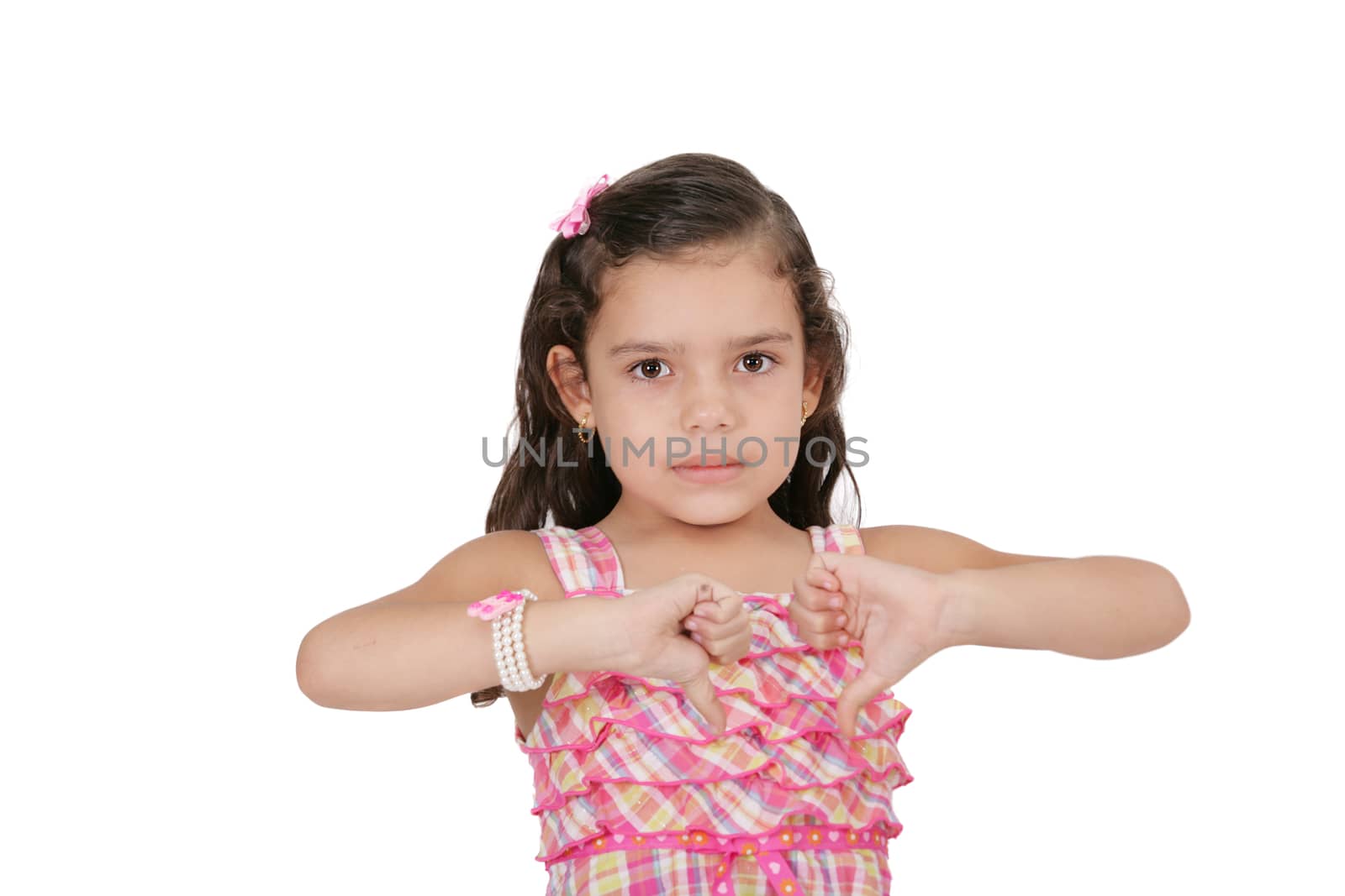 Pretty little girl hand gesturing thumb down failure sign by dacasdo