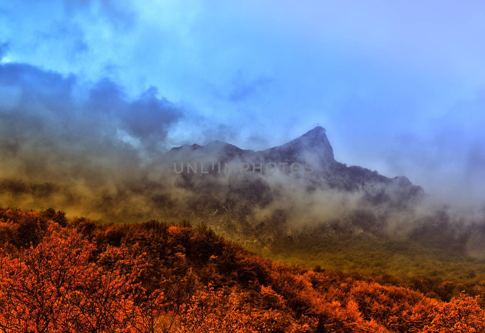 Madonna of Lambro mountain with cross on top shrouded by clouds in the background, in the foreground the autumn vegetation watered by the rays of the sun.