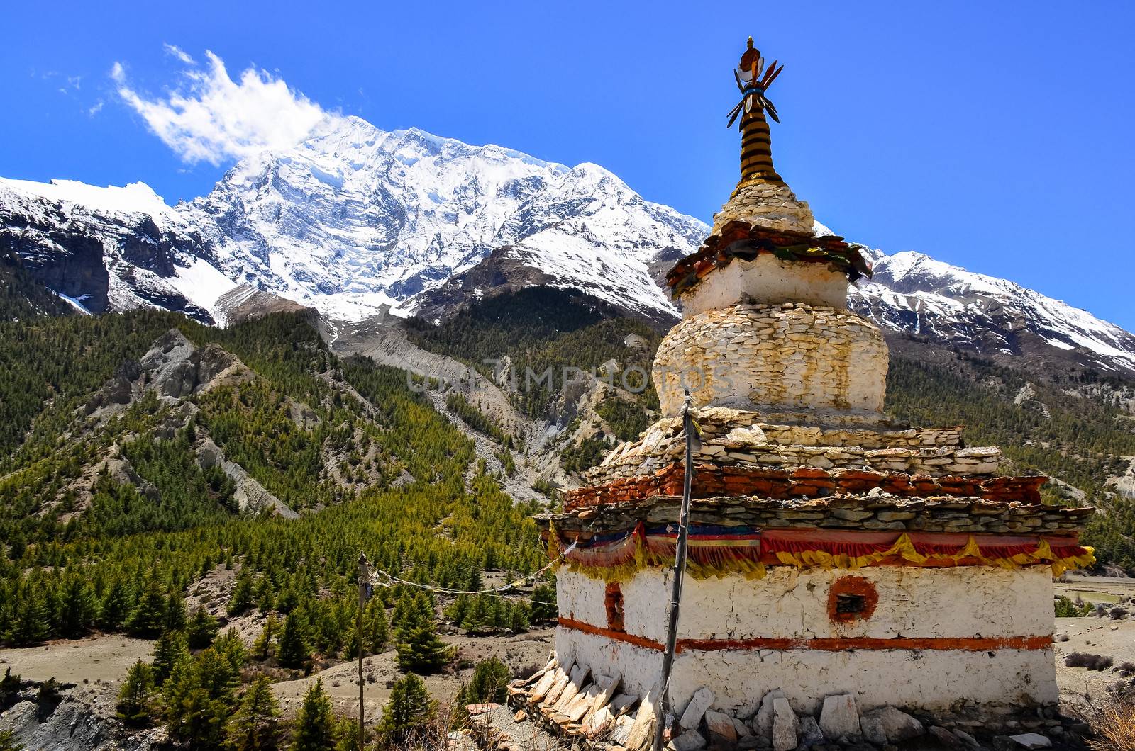 Himalayas mountain view with buddhist chapel stupa, Nepal