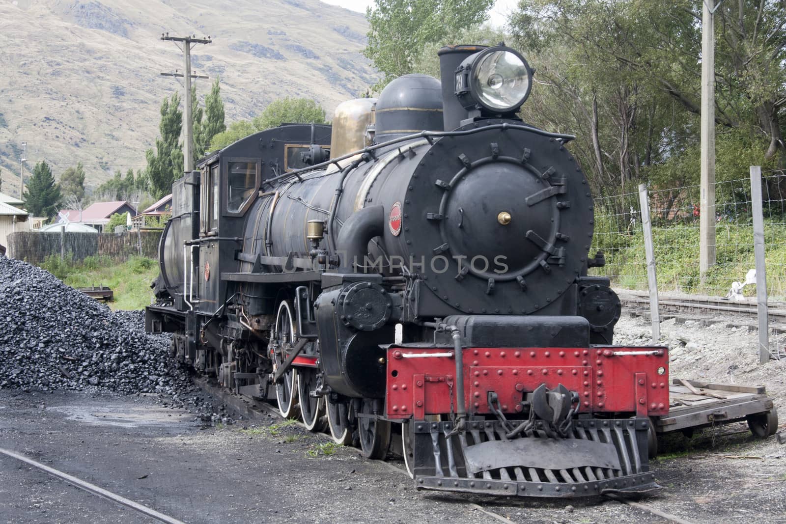 Steam locomotive at refuelling station, Kingston, New Zealand