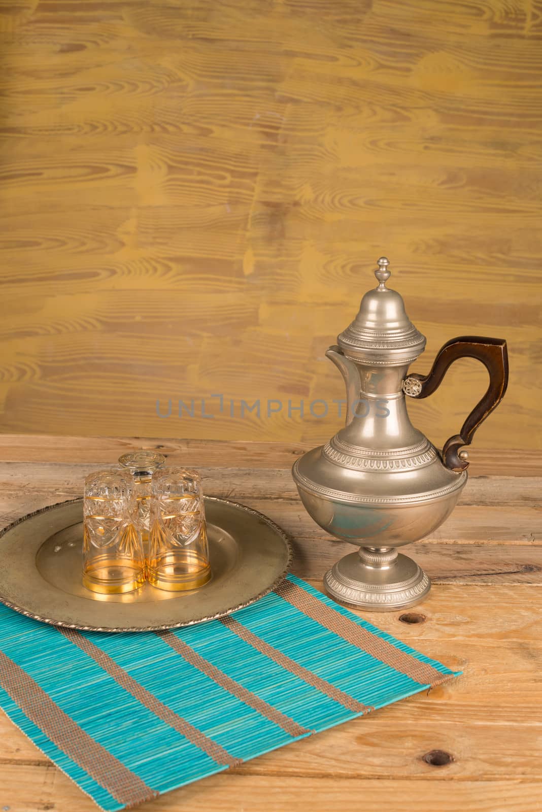 Arabic tea still life, vintage objects on wooden table