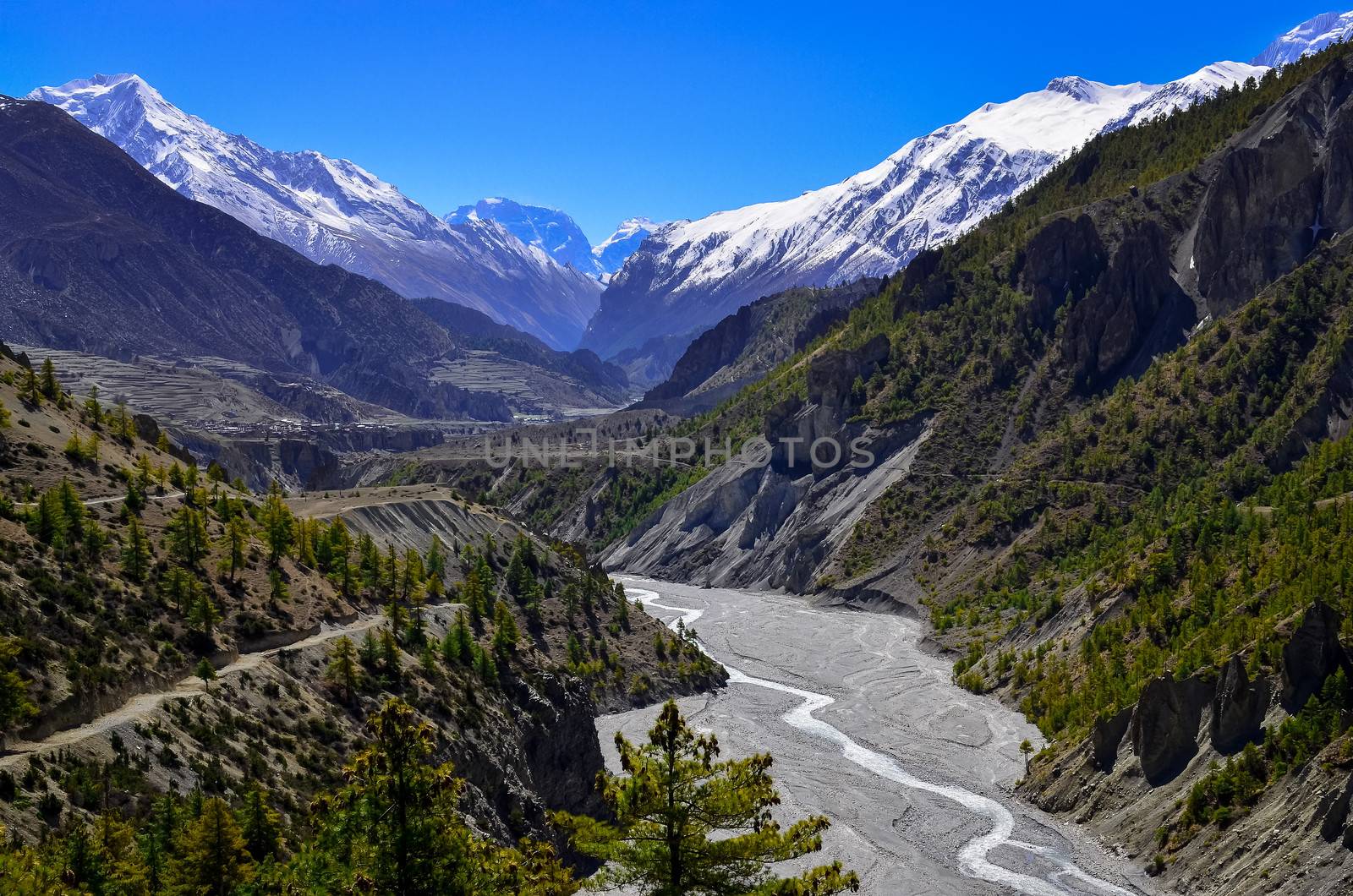 Himalayas mountain river valley with peaks in background by martinm303