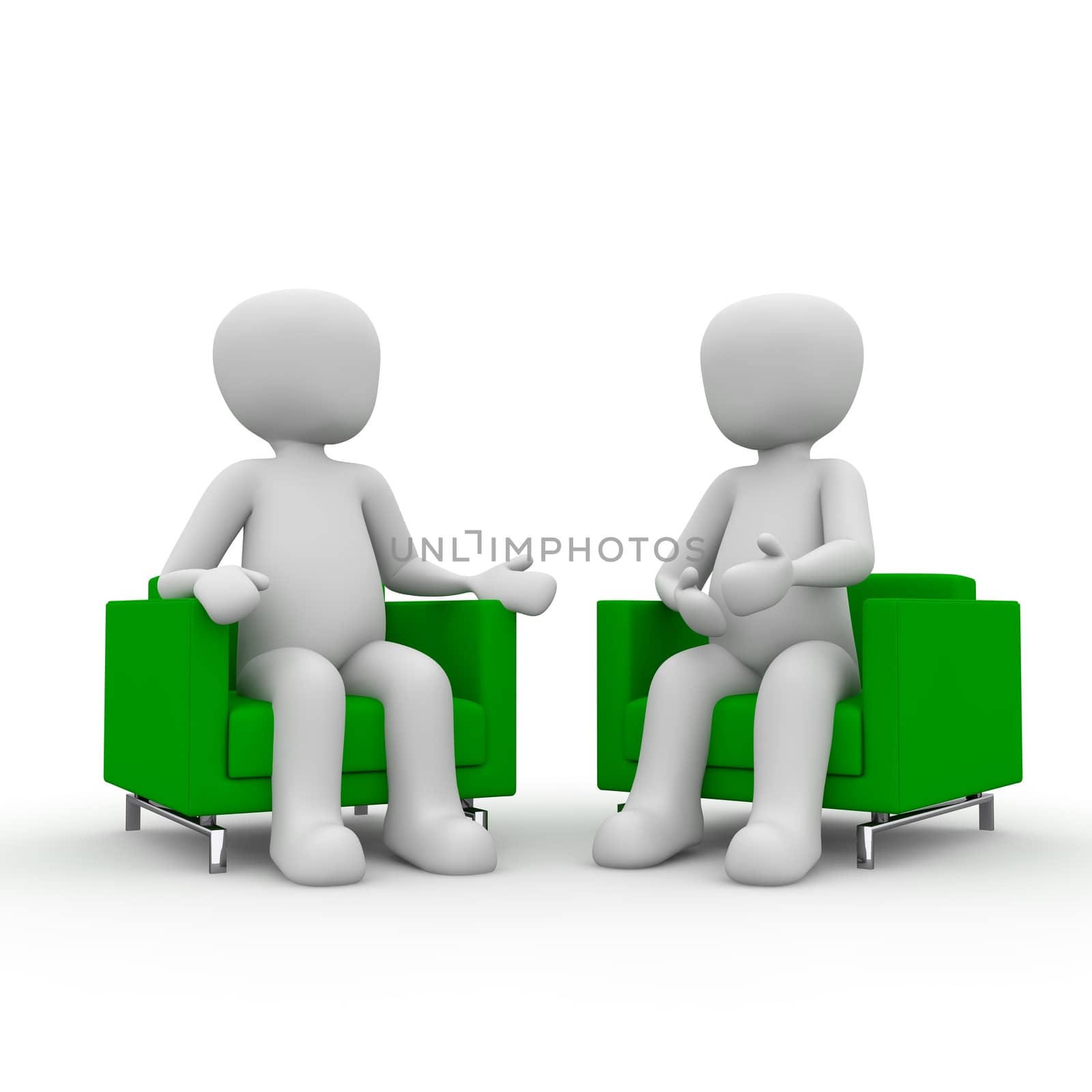 Two characters sitting on green armchairs and entertain themselves.