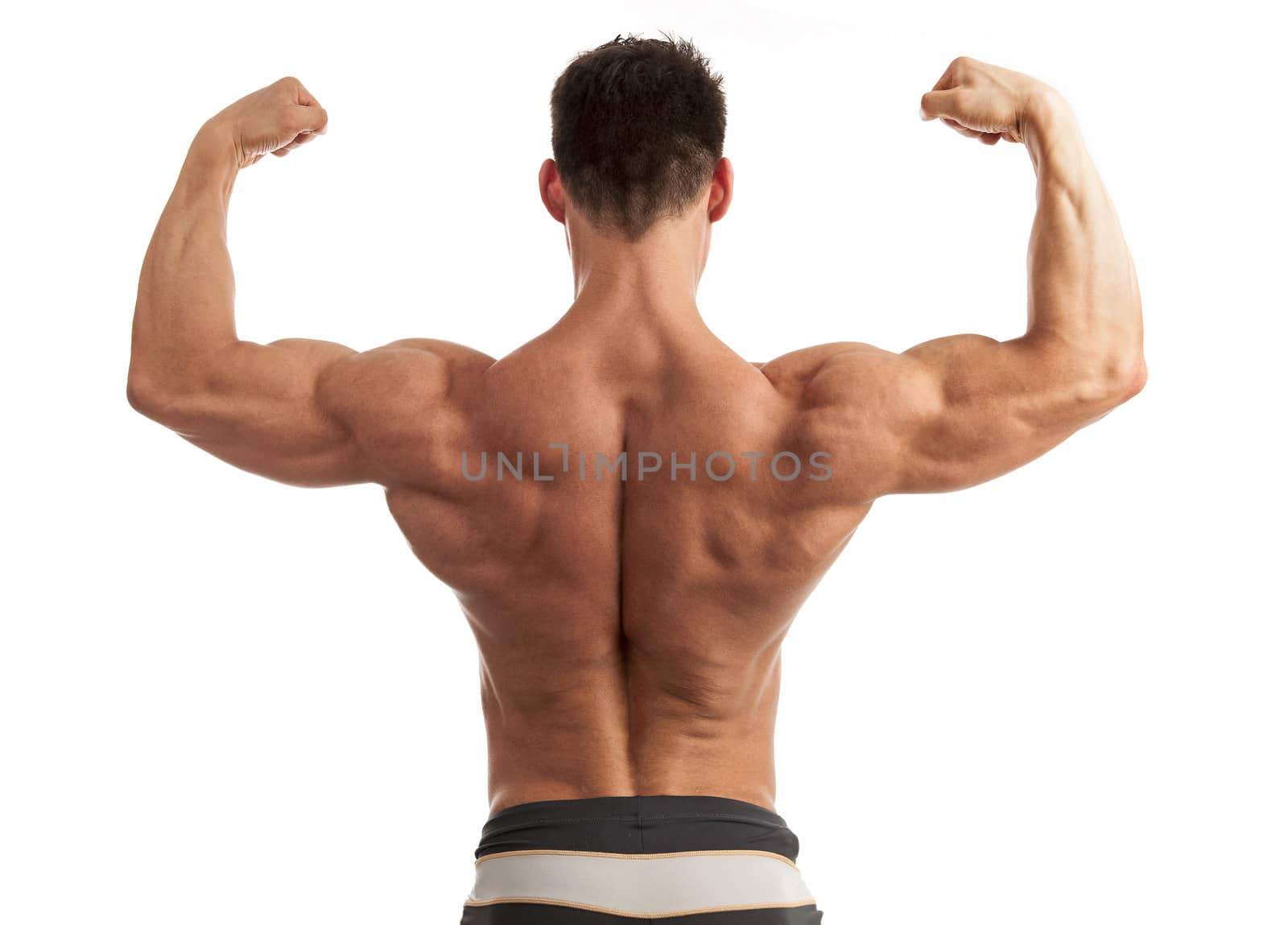 Rear view of a young man flexing his arm and back muscles over white by photobac