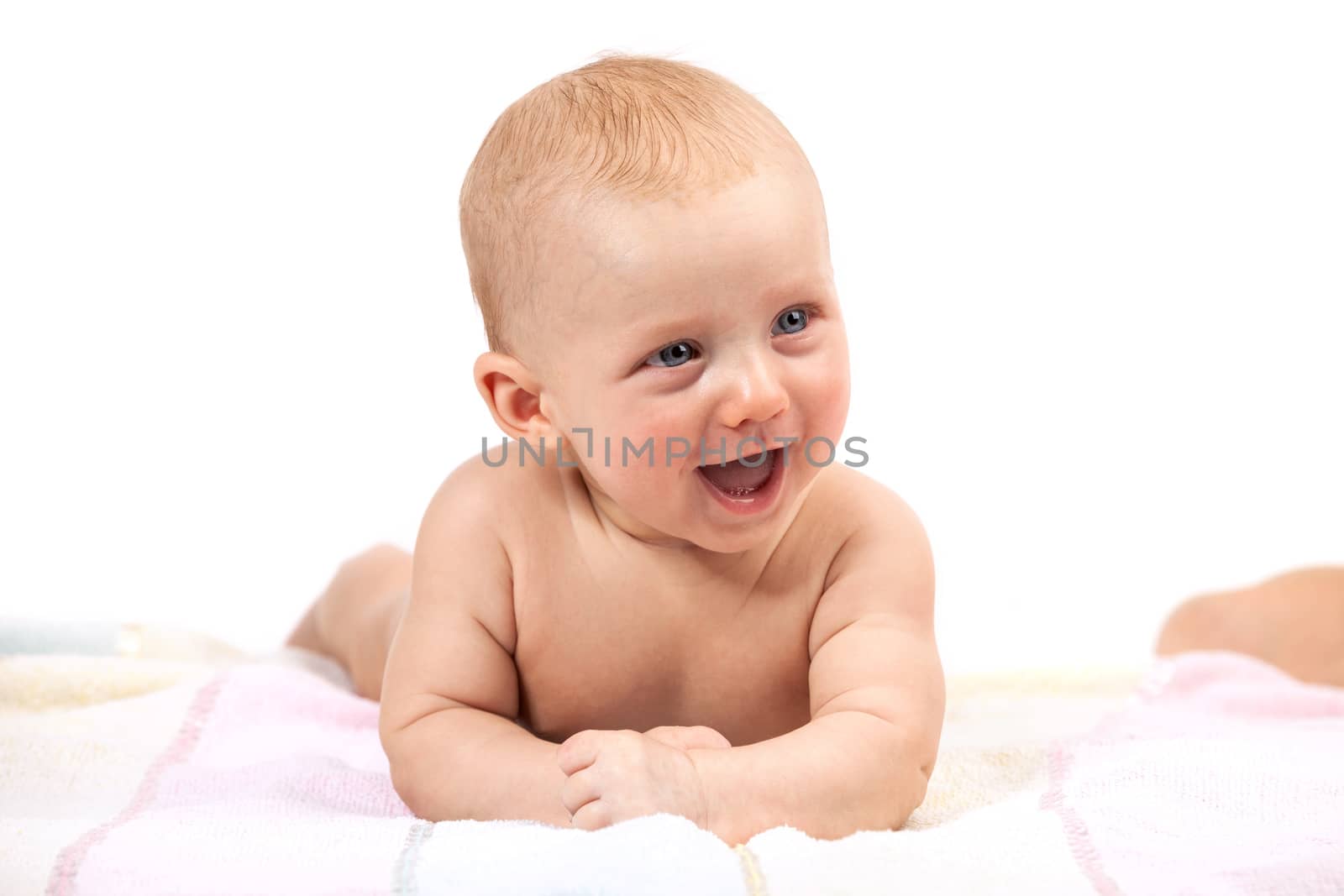 Cute smiling baby boy over white by photobac