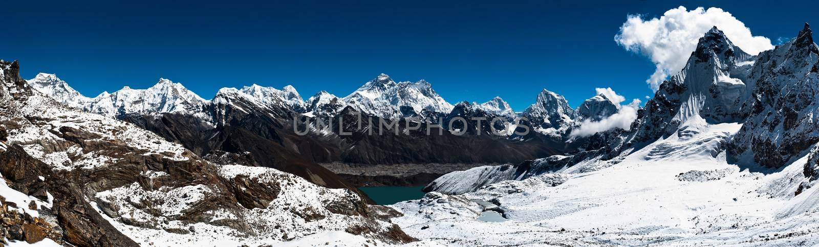 Panoramic view of Himalaya peaks: Everest, Lhotse, Nuptse and ot by Arsgera