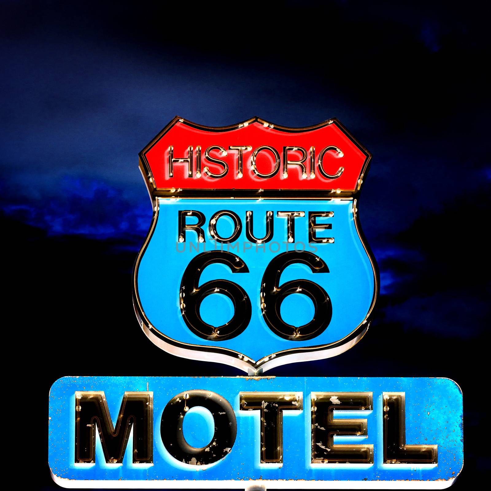 view of famous sign on Route 66 at night, USA 