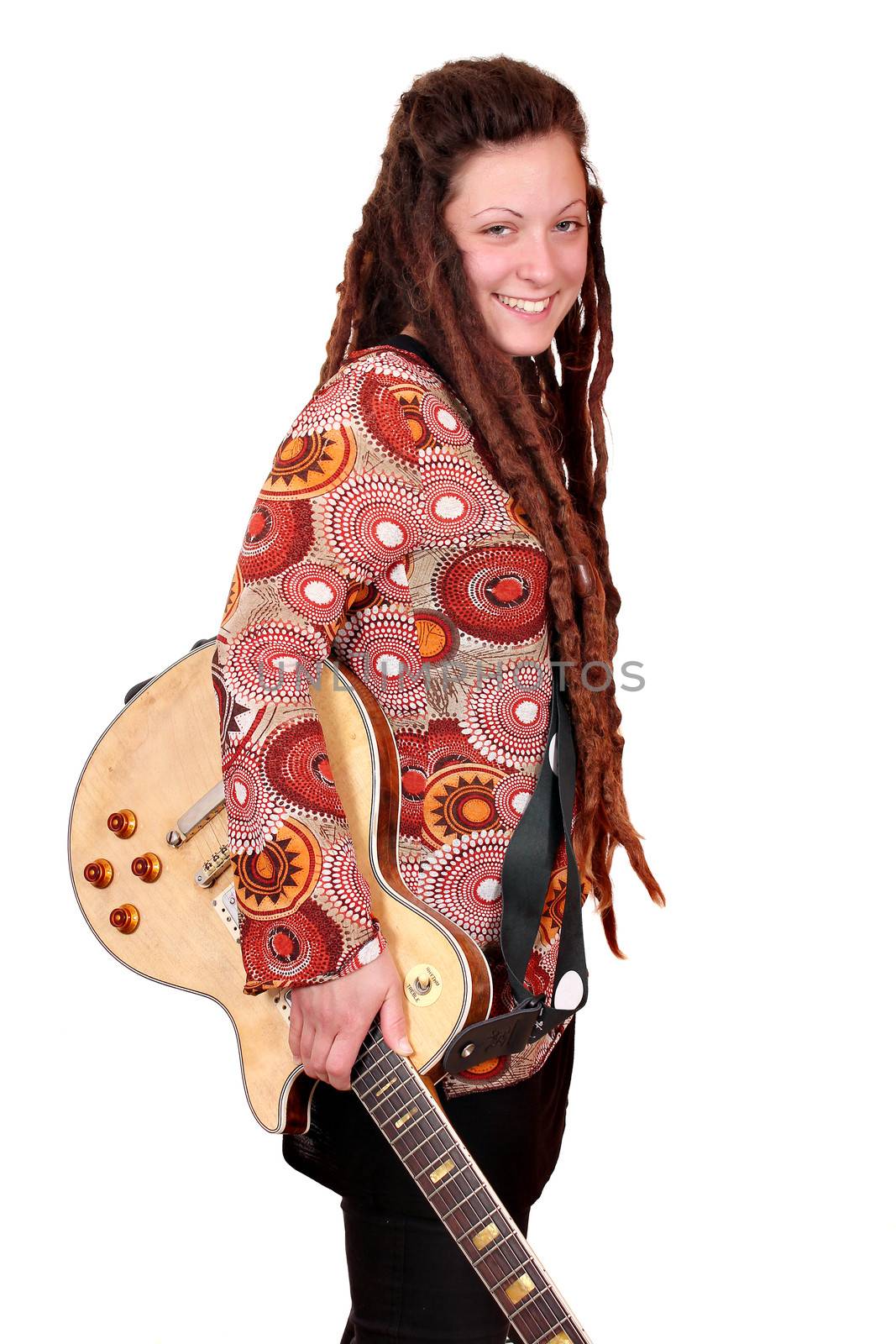 happy girl with dreadlocks and electric guitar posing