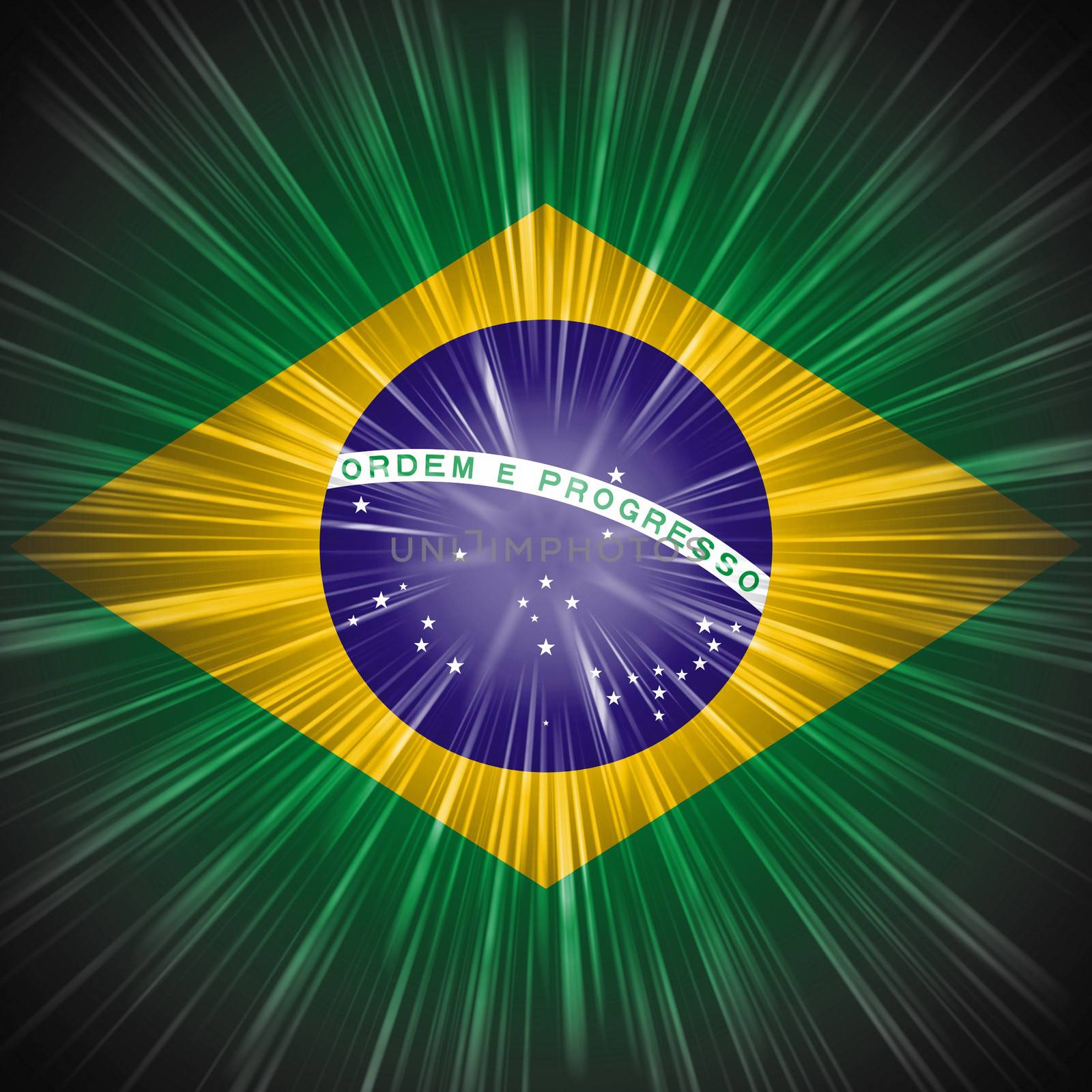 Abstract background Brazilian national flag with light rays