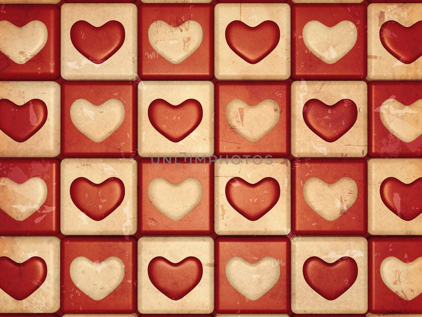 3d hearts over boxes vintage chess background 