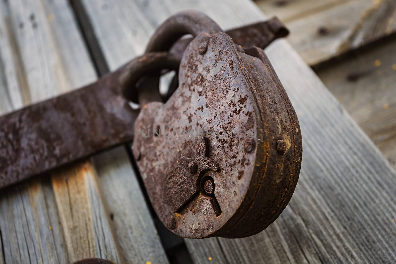 Old latch with padlock on gatees