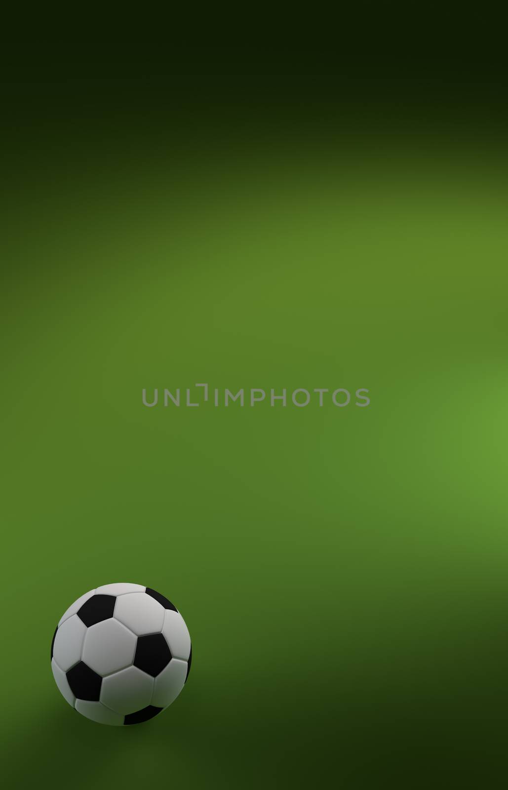 A CGI image of a soccer ball on a green background, like a football pitch, with plenty of copyspace.