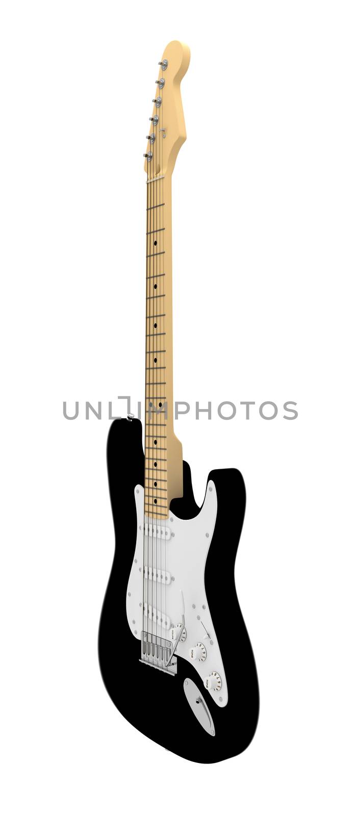 A CGI image of a black and white electric guitar on a white background.