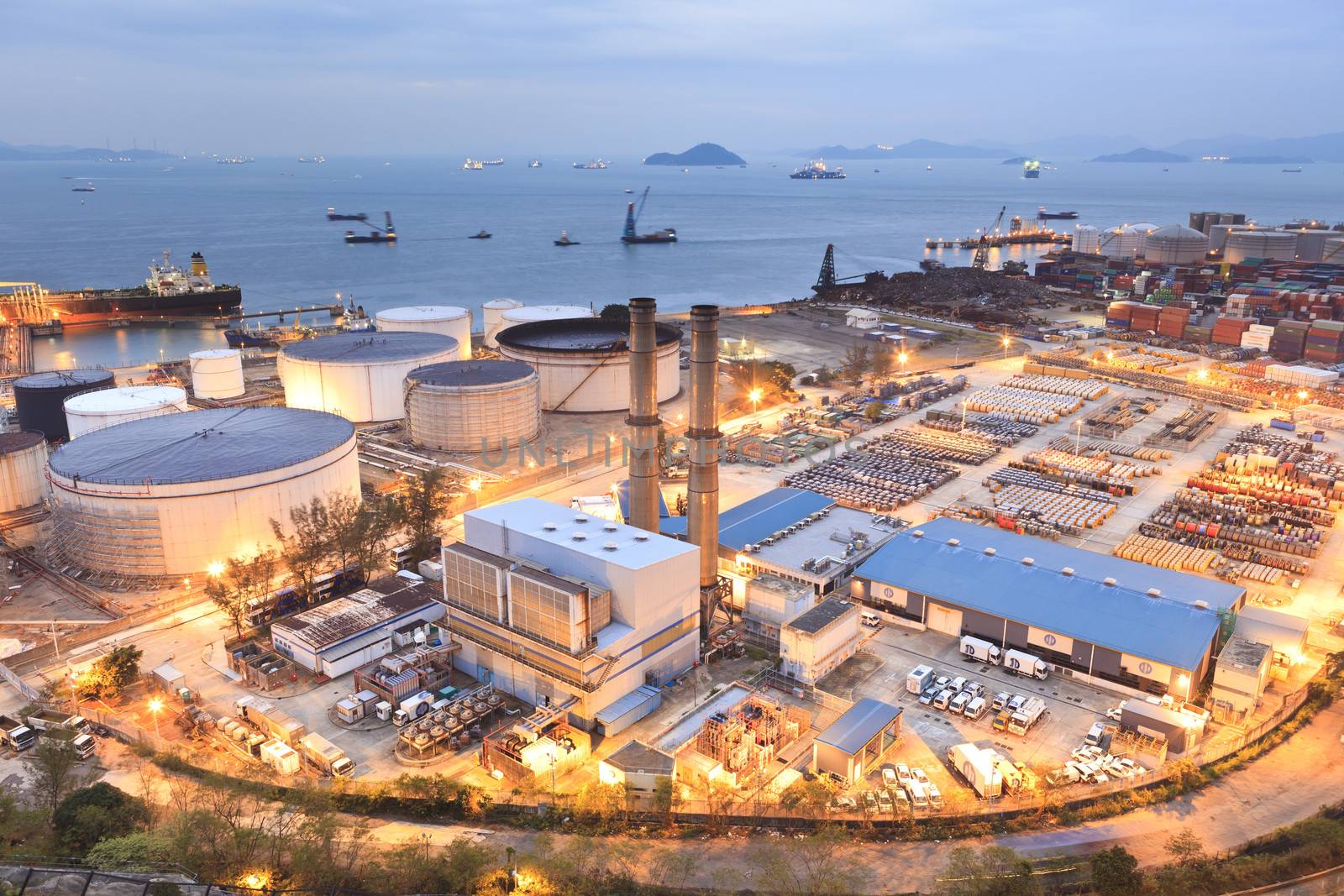 Oil tanks at night in Hong Kong