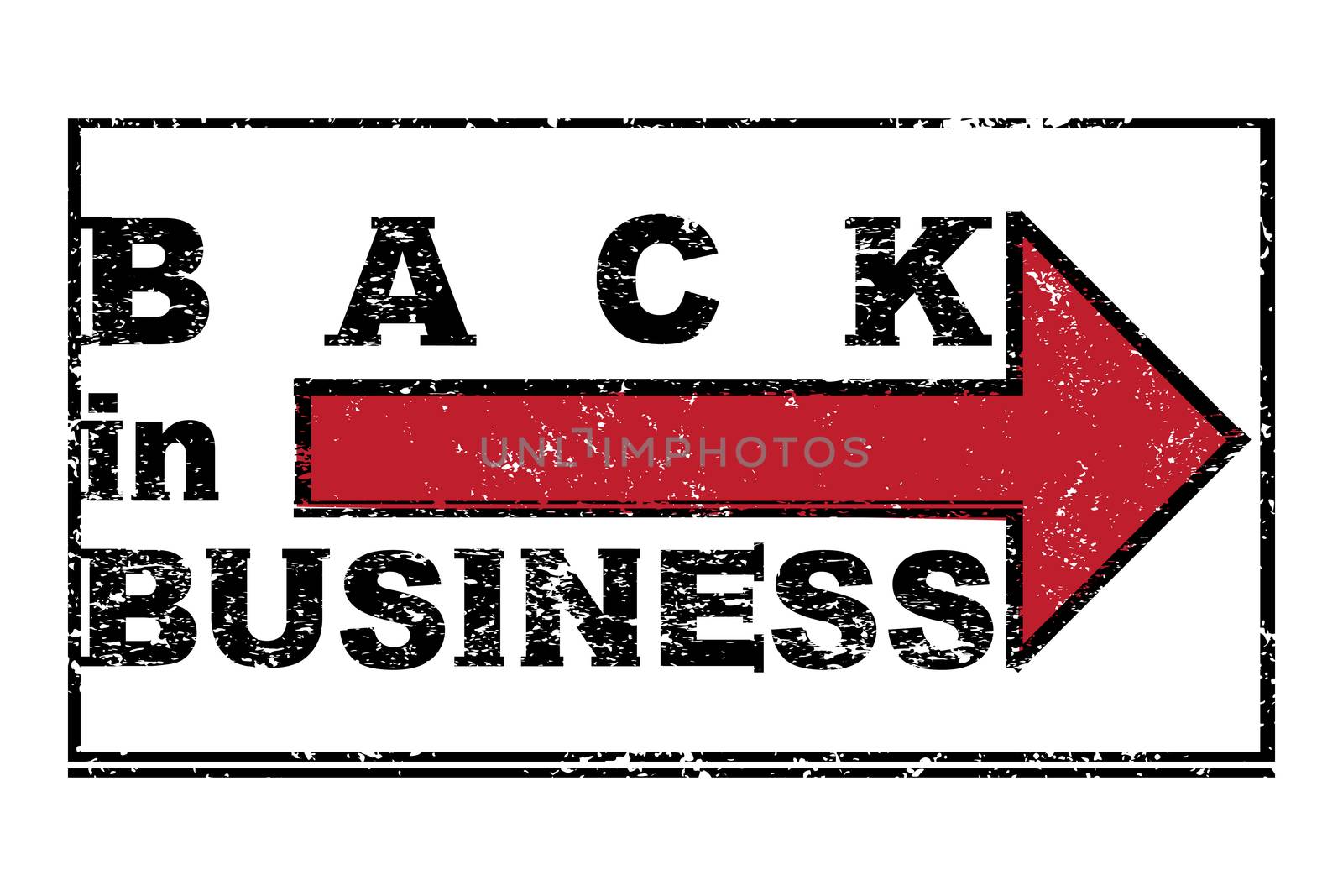 Back in business grungy stamp with red pinter isolated on white