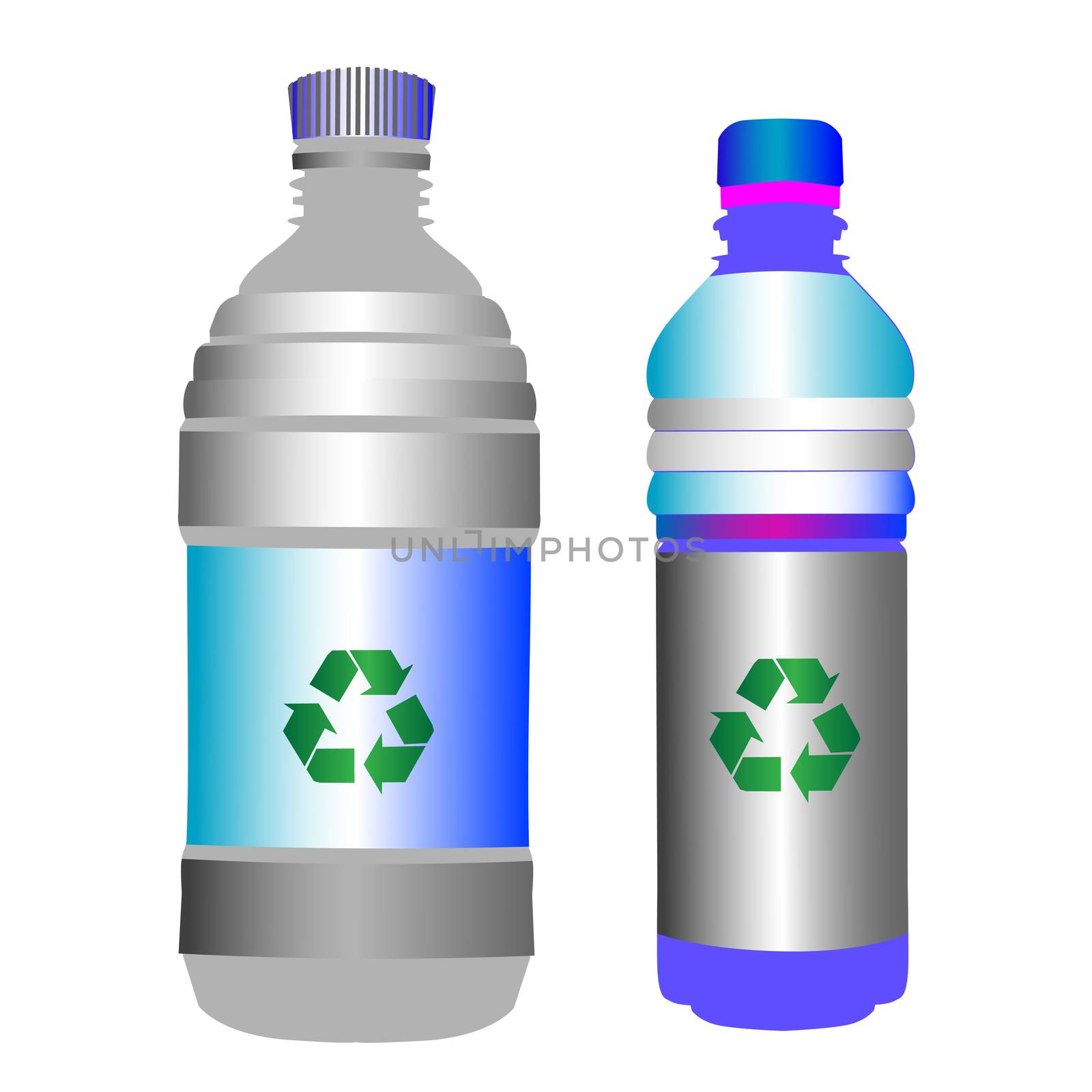 Two glossy plastic bottles with the green recycling sign over blank labels, objects isolated on white