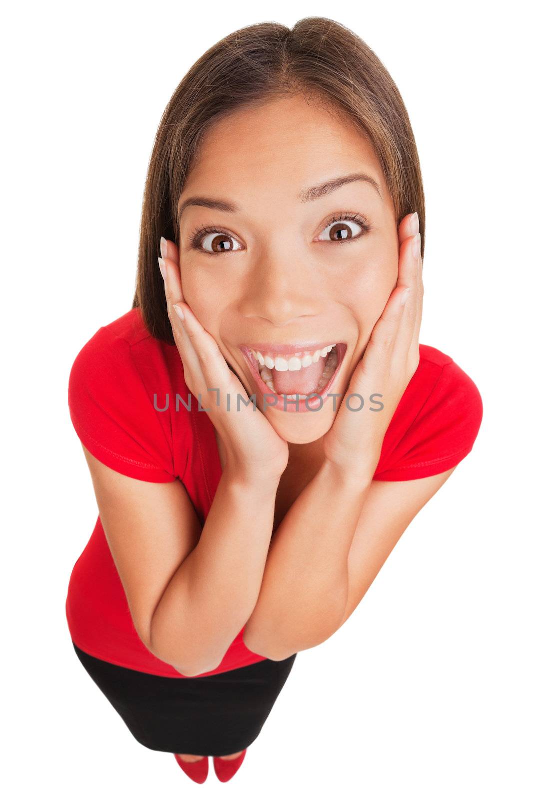 Joyful excited surprised young woman isolated by Ariwasabi