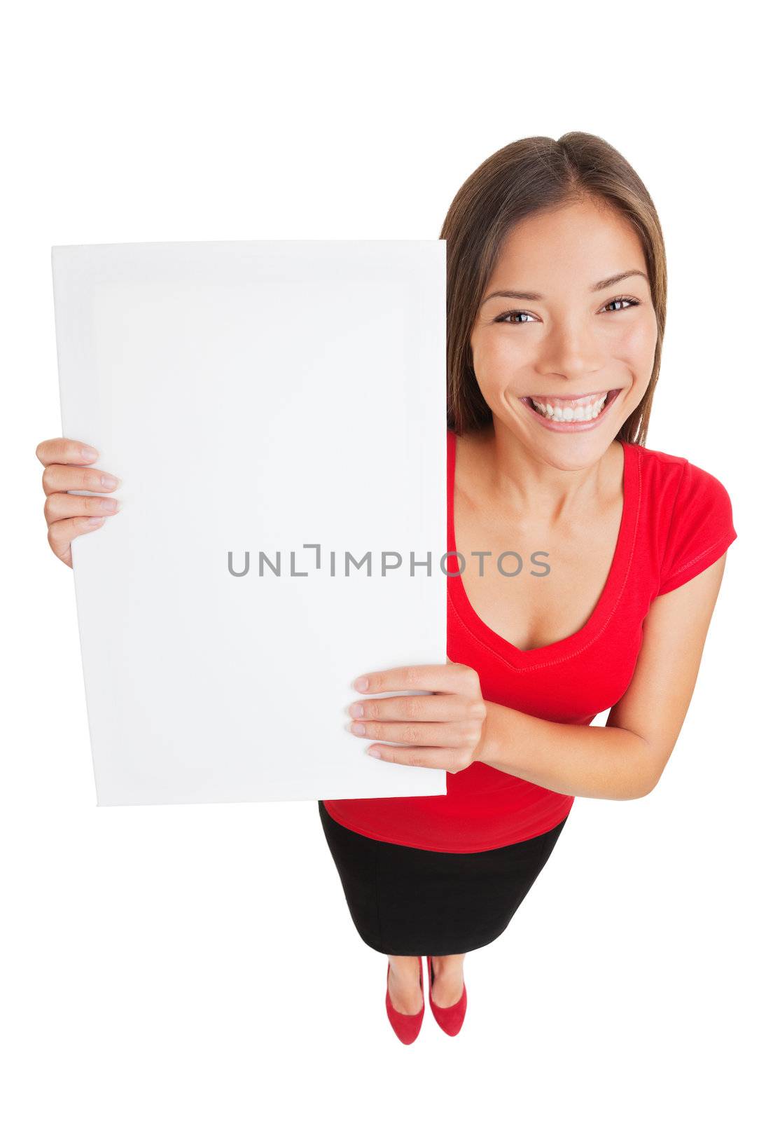 Showing woman holding white blank sign placard by Ariwasabi