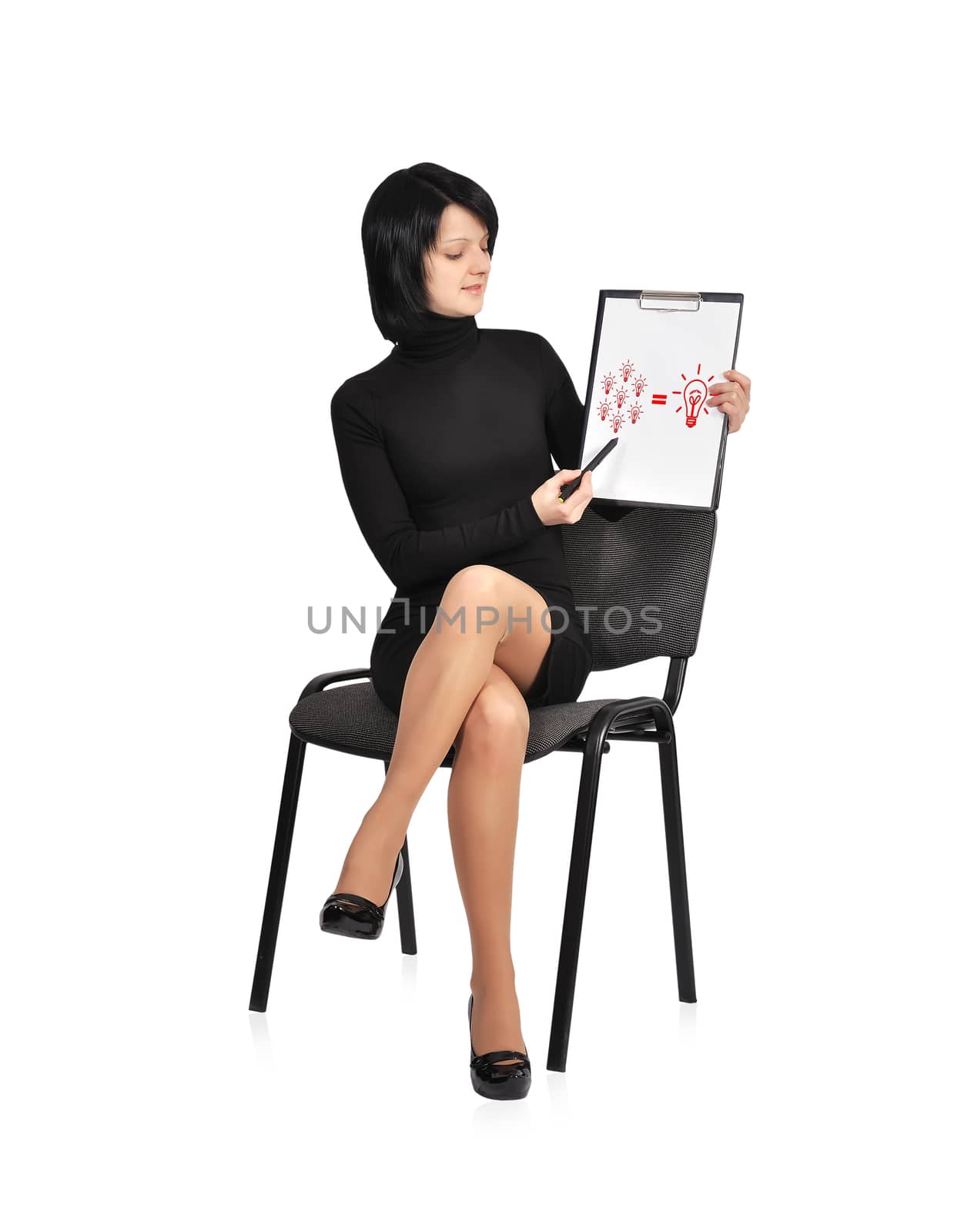 businesswoman sitting on chair with business formula on clipboard