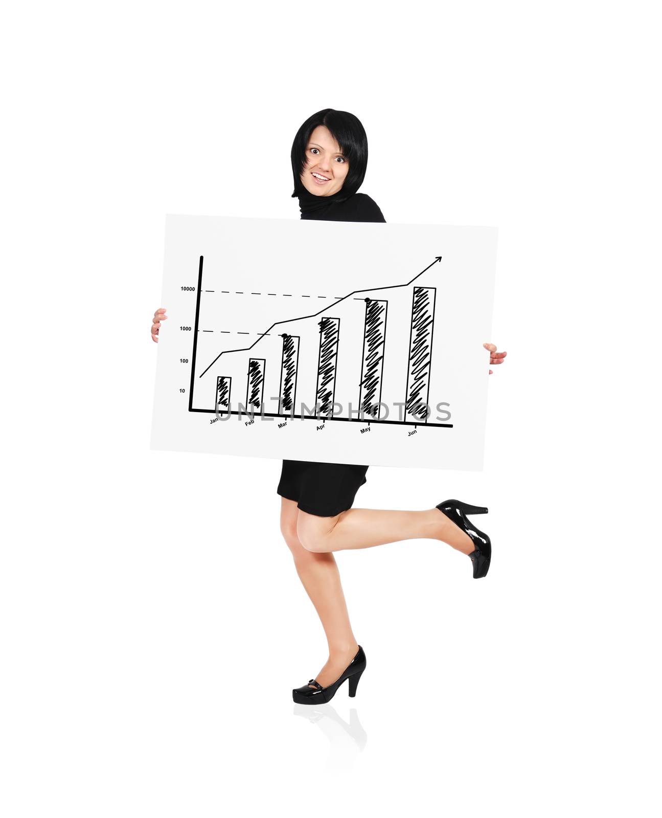 happy woman holding billboard with business growth