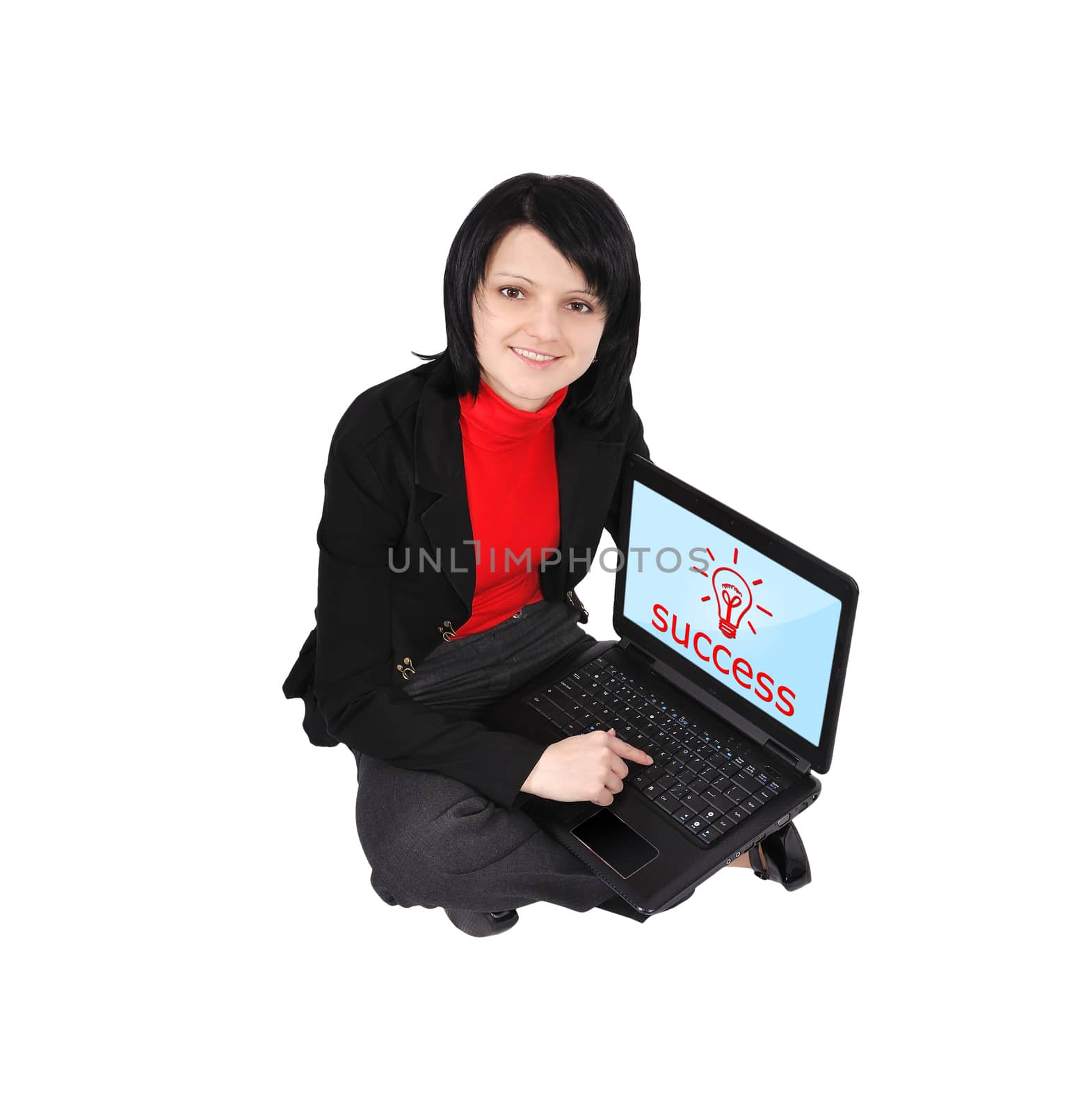 woman with laptop and success symbol