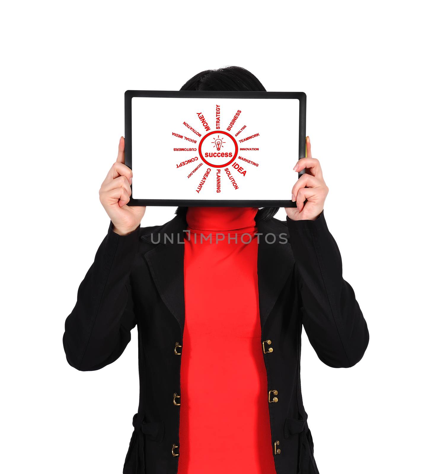 woman holding  touch pad with success concept