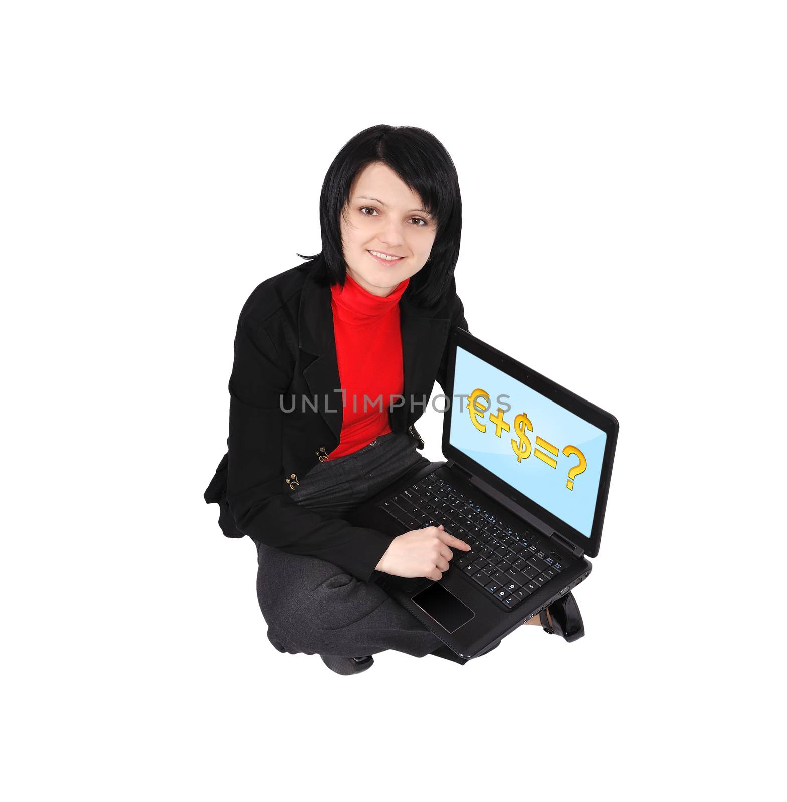 Young woman with laptop and money formula on screen