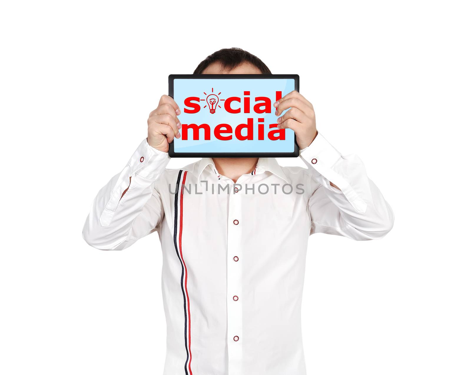 businessman holding touch pad with social media sign