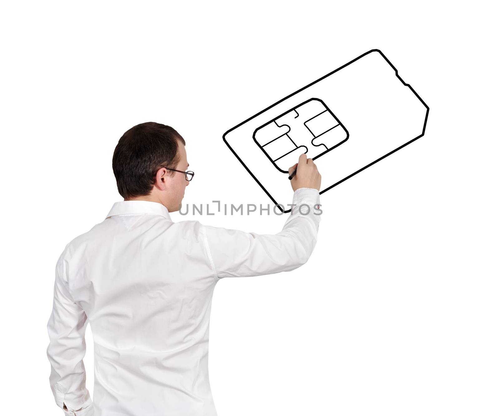 businessman drawing simcard on a white background