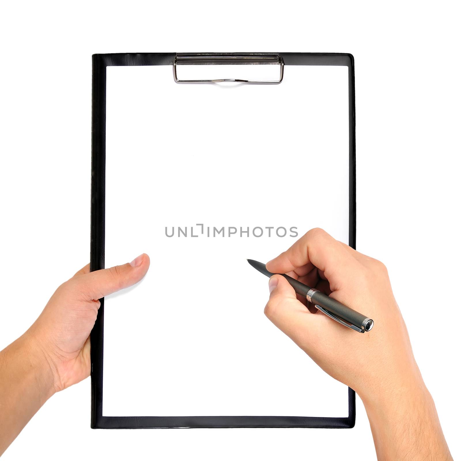 blank clipboard and pen in hand
