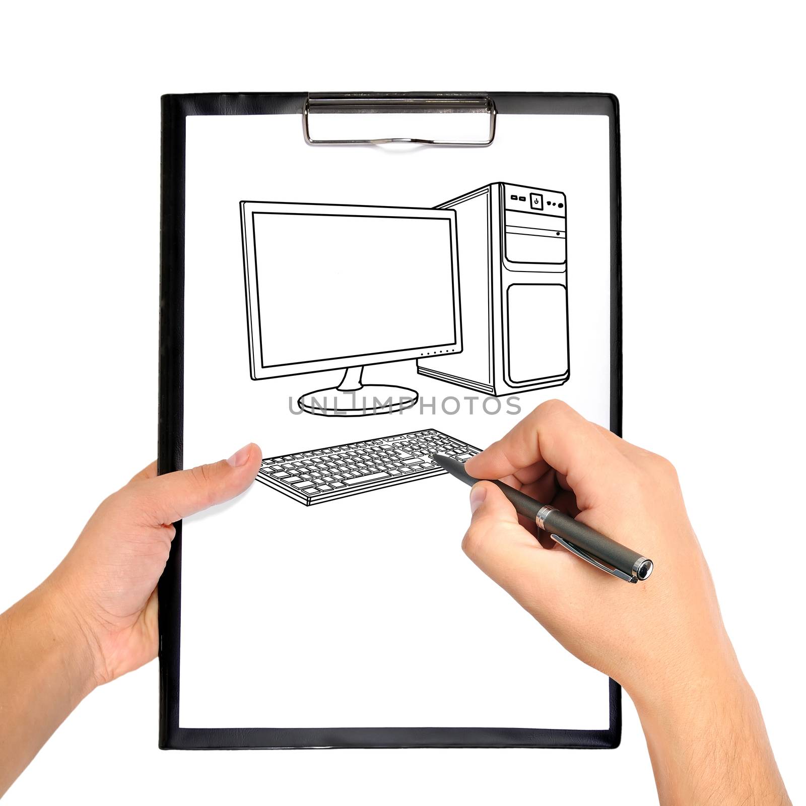 clipboard and drawing computer  in hand