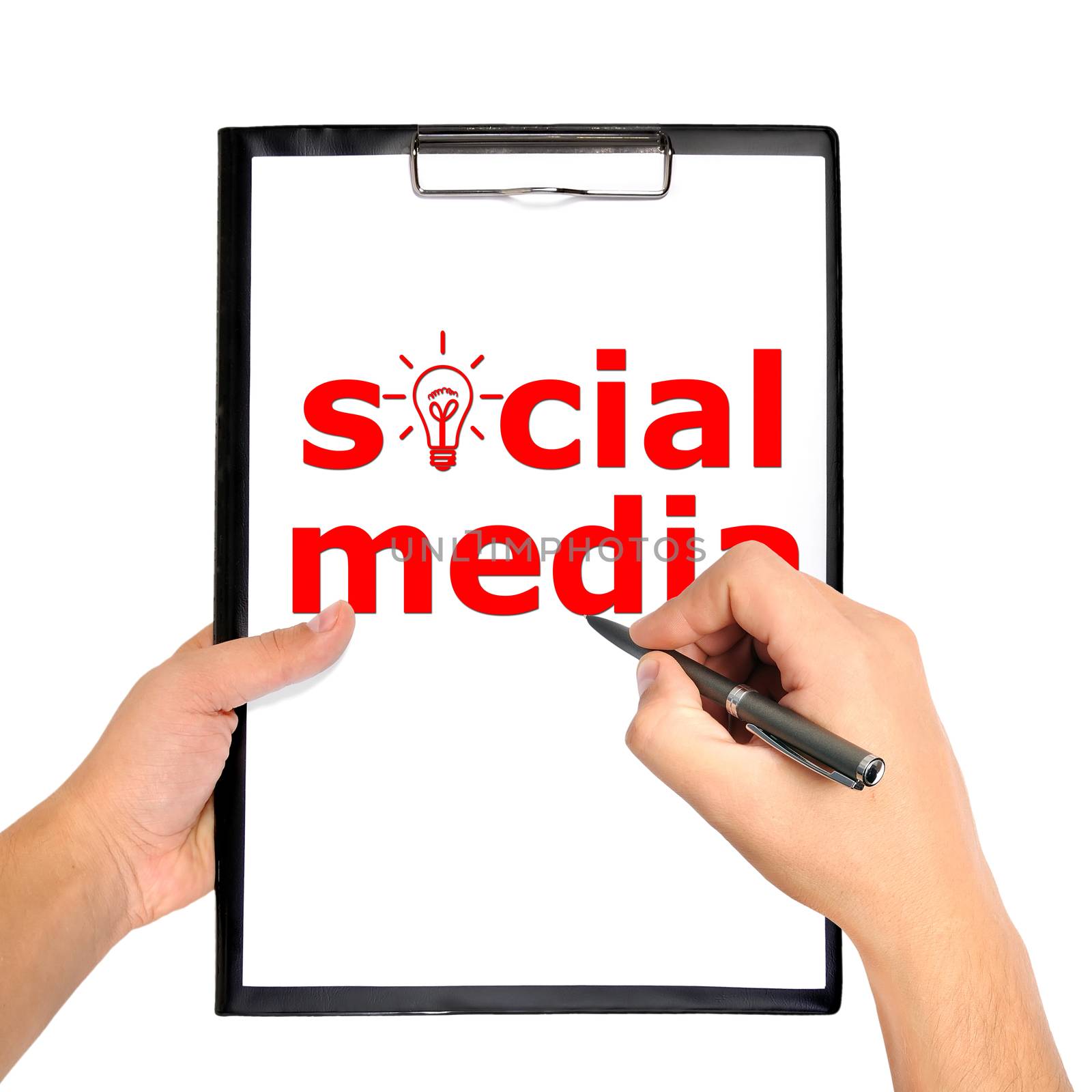 clipboard with social media and pen in hand