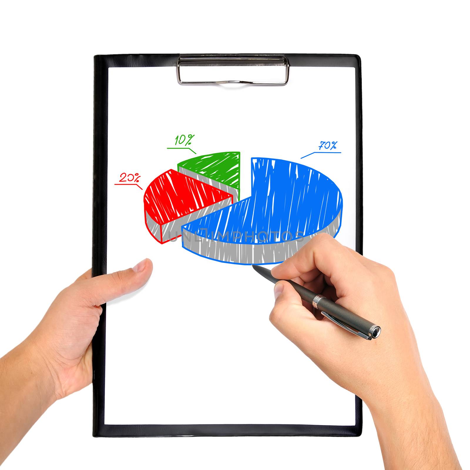 hand drawing pie chart on clipboard