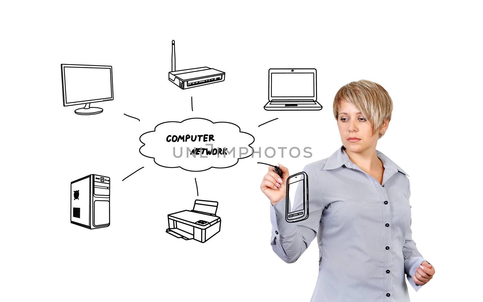 woman drawing scheme computer network
