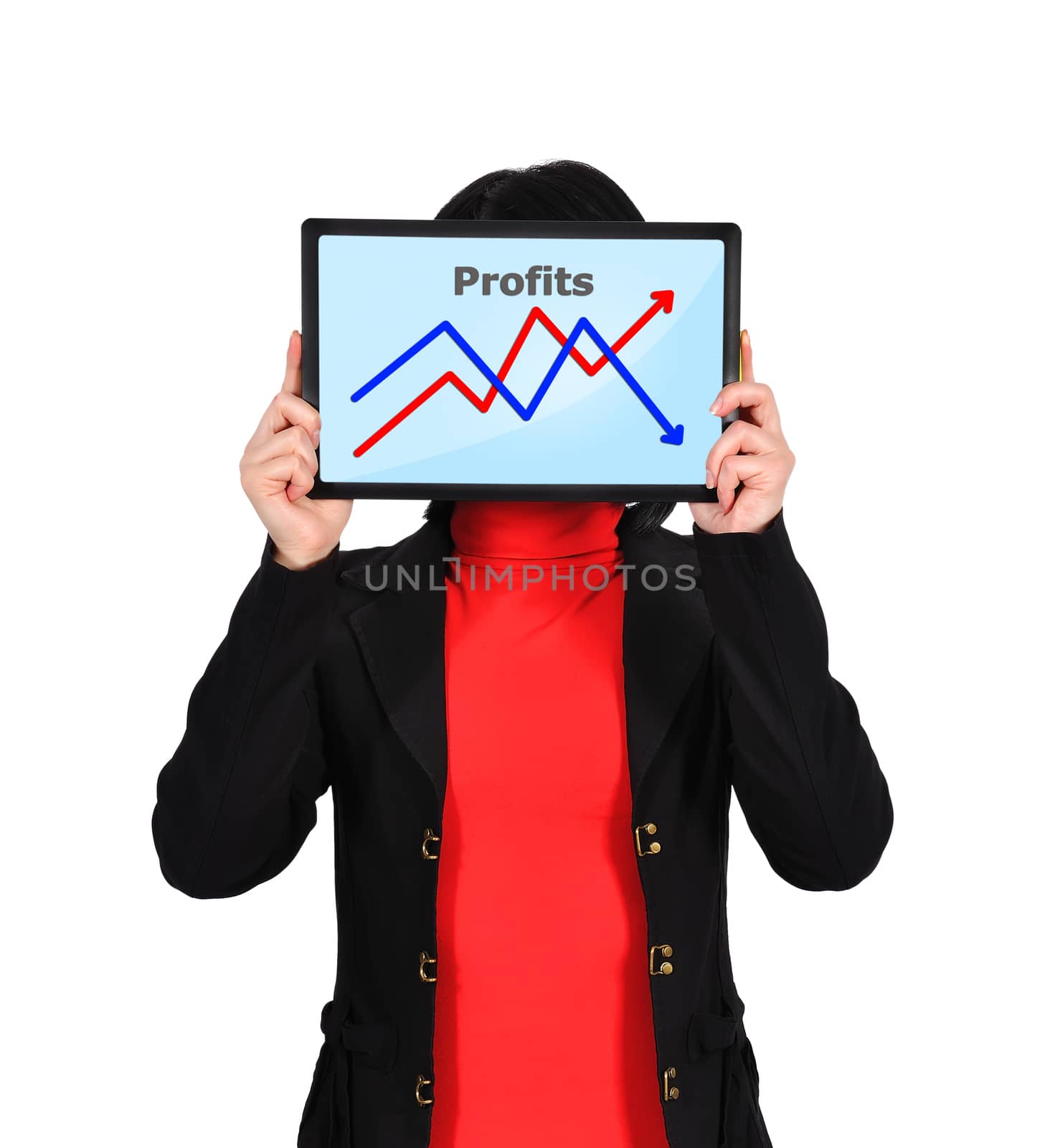 woman holding  touch pad with chart on screen