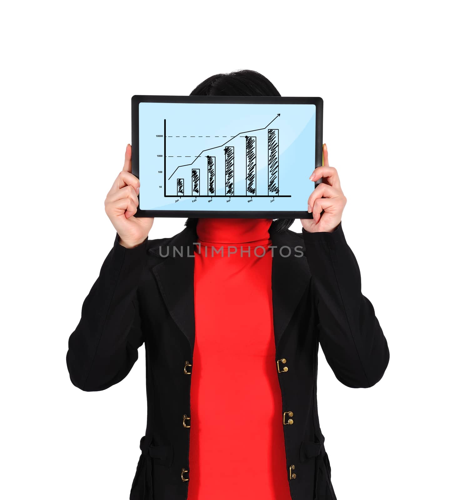 woman holding  touch pad with chart on screen