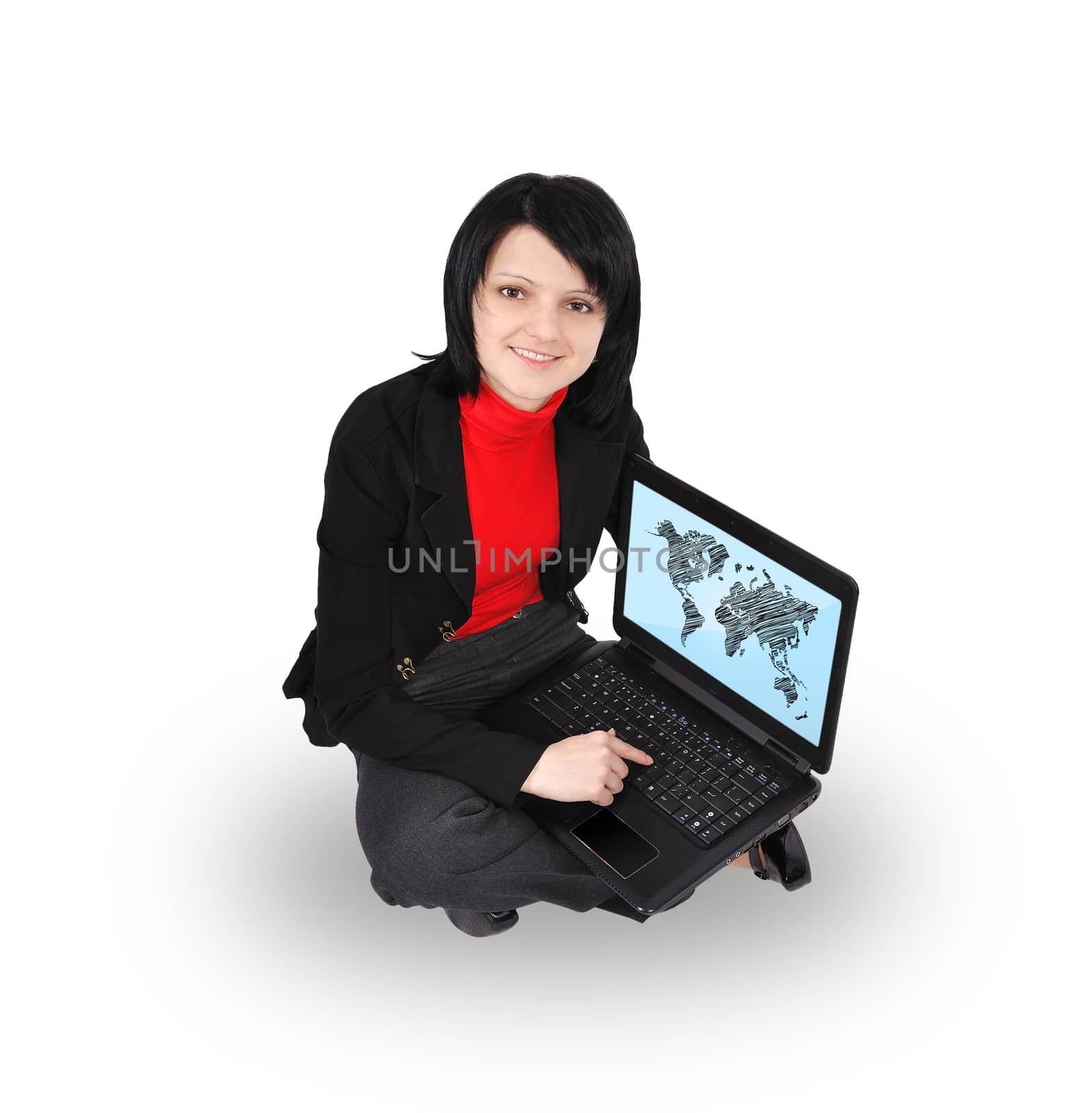 woman with laptop and world map on screen