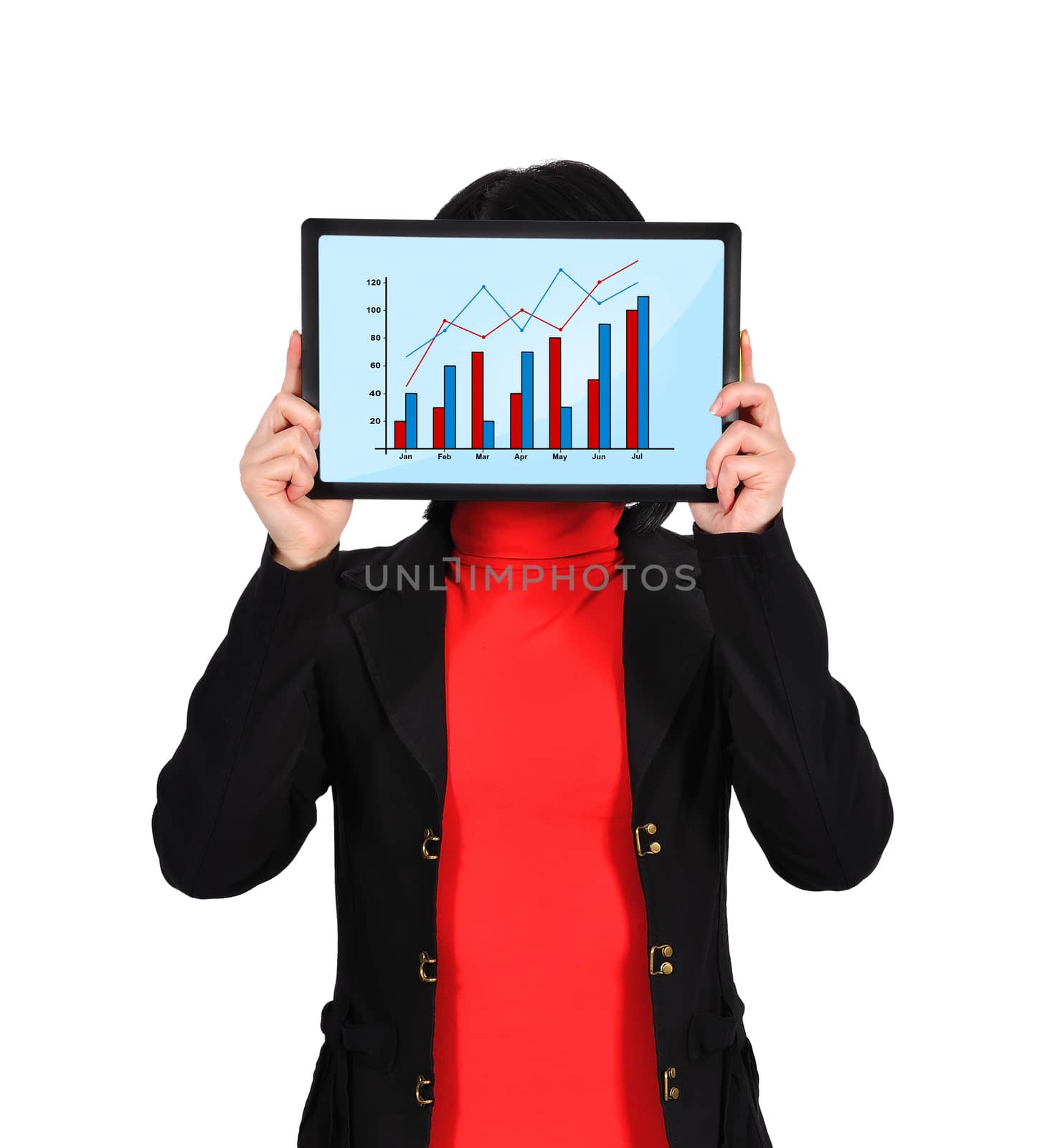 woman holding  touch pad with chart on screen